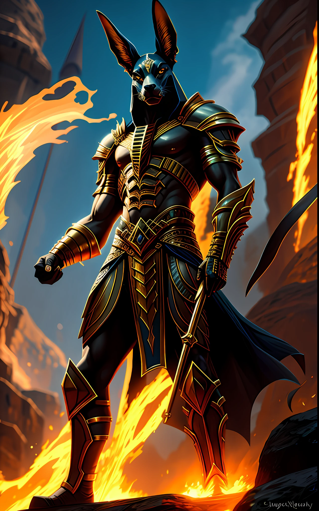 Anubis, Egyptian jackal headed god and holder of golden scales, dynamic pose towards right and dramatic camera angle, oil painting inspired by Lora Fantasy Character Anubis V10, photorealistic and cinematic style, hell gate and fire background, dark and underworld mood, high quality resolution