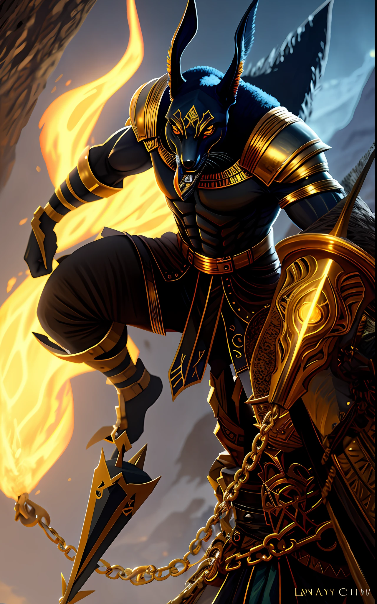 Anubis, Egyptian jackal headed god and holder of golden scales, dynamic pose towards right and dramatic camera angle, oil painting inspired by Lora Fantasy Character Anubis V10, photorealistic and cinematic style, hell gate and fire background, dark and underworld mood, high quality resolution