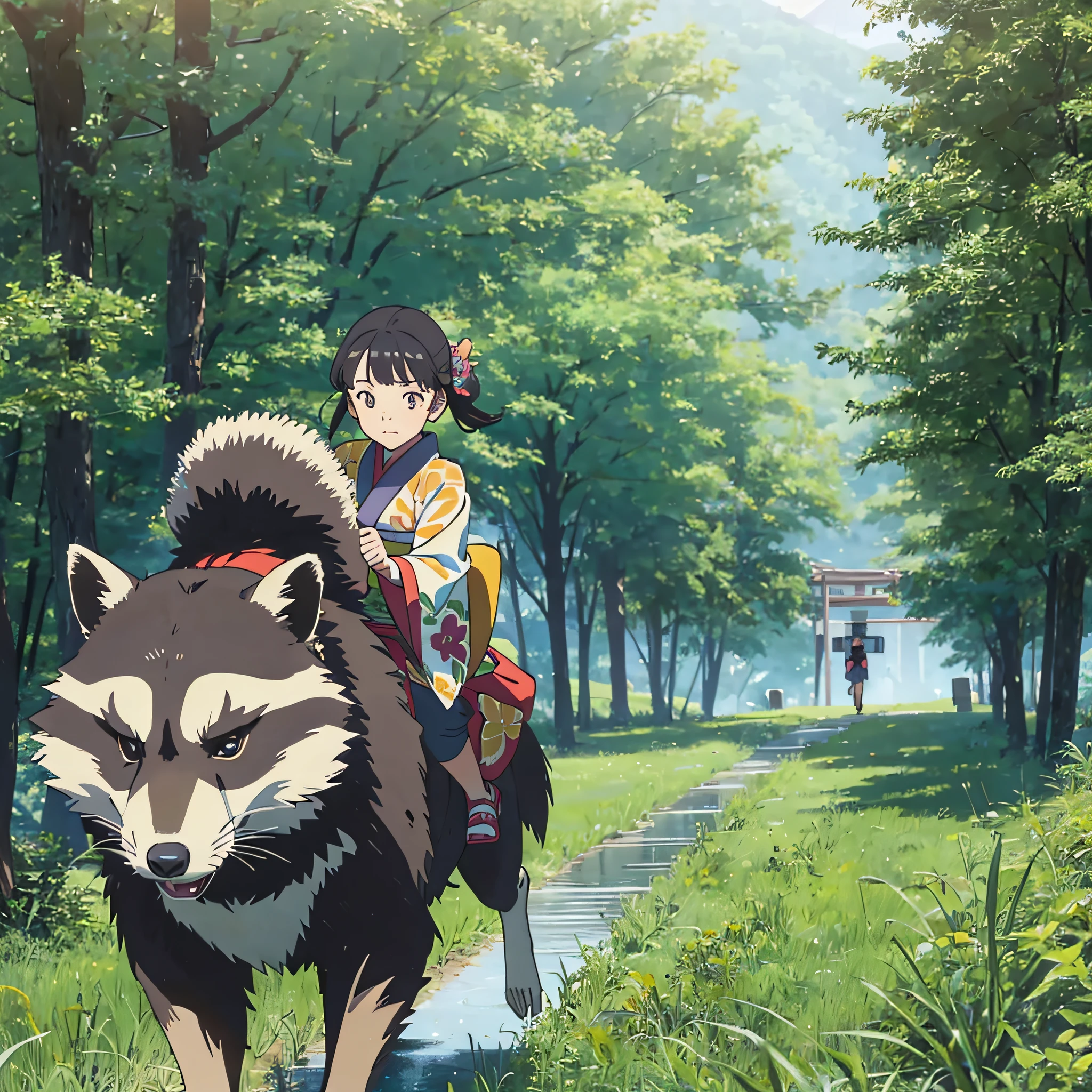 Girl in kimono riding a big raccoon and running through the grassland.