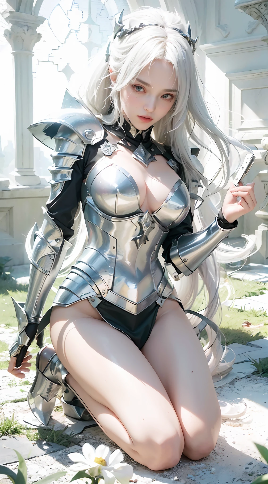 ((Best Quality)), ((Masterpiece)), (Details: 1.4), 3D, A Beautiful Female Knight, (Long White Hair: 1.9), (Kneeling: 1.7), (Armor: 1.5), High Heels, Gothic Chapel, HDR (High Dynamic Range), Ray Tracing, NVIDIA RTX, Super-Resolution, Unreal 5, Subsurface Scattering, PBR Texture, Post Processing, Anisotropic Filtering, Depth of Field, Maximum sharpness and sharpness, multi-layer textures, albedo and highlight maps, surface shading, accurate simulation of light-material interactions, perfect proportions, Octane Render, two-color light, large aperture, low ISO, white balance, rule of thirds, 8K RAW,