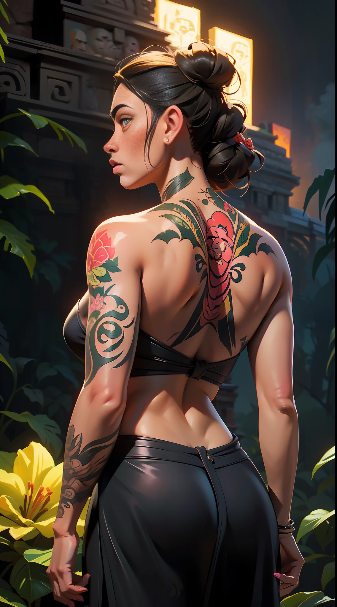 raw photo, realistic, 35mm, retina, 32k (amazing, voluptuous, wonderful woman from the back full of tattoos (yakuza style) realistic side lighting) cinematic, (ancient mayan temple background) forest, fog, smoke, flowers, many details, ultrasharp, luminous paint