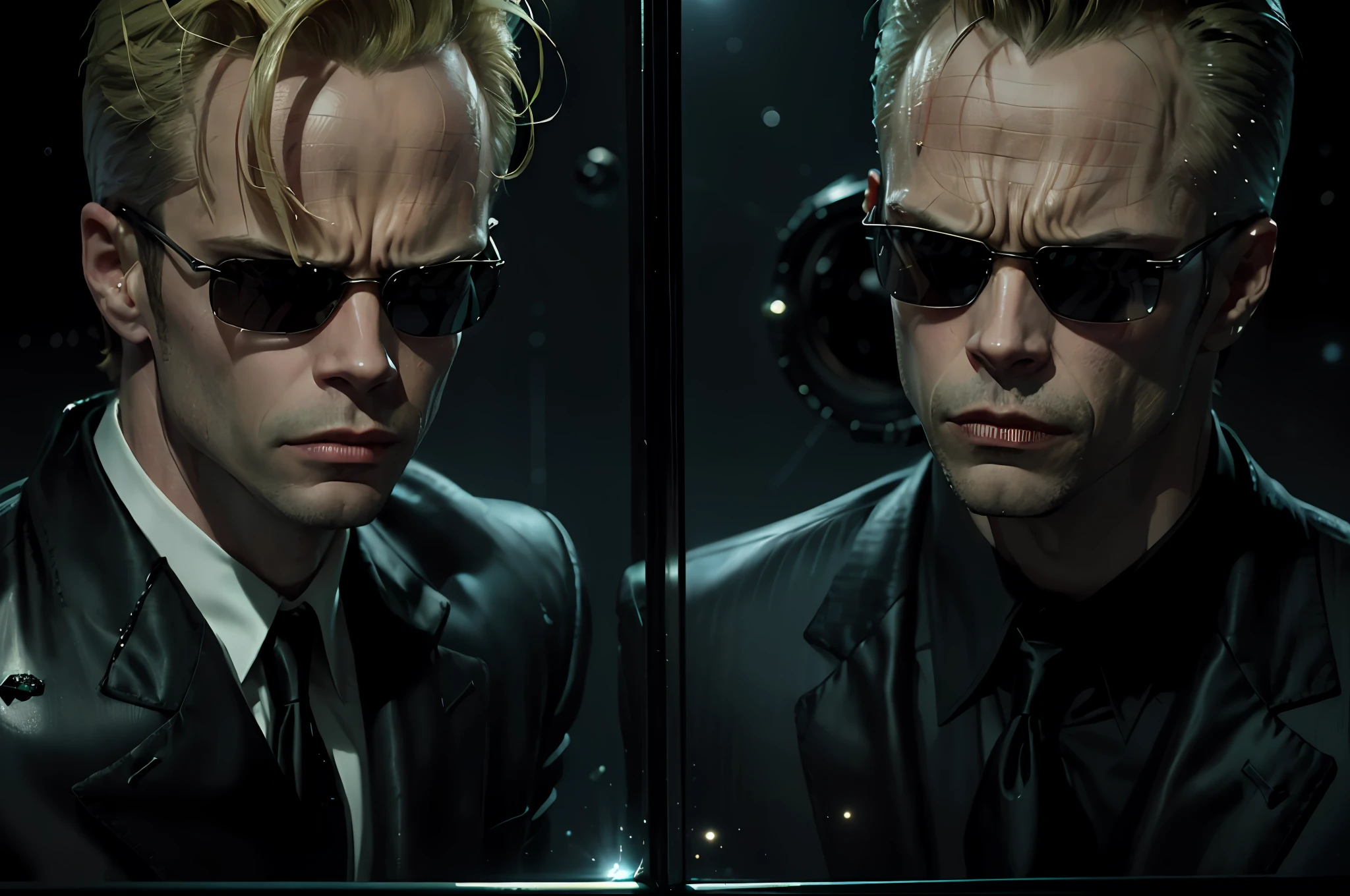 (((enemies))), (extreme closeup), (face off), (face to face), (((breaking spacetime))) ,(((mirrored))) ,((best quality)), ((masterpiece)), (detailed), (((suit))) fan art of evil man, there are two people staring angrily at each other, mirror, (((face to face))), out of a mirror, reflection, distortion of mirrored world, evil looking blond GUY PEARCE face, blond GUY PEARCE in a suit with square sunglasses close up, blond GUY PEARCE in a suit angry, blond GUY PEARCE in a suit with squared sunglasses, square sunglasses, the matrix (1999), square sunglasses, night, 80mm, ((western animation)), (neo the matrix (1999)), (short hair), (((distorted space time))), (people about to fight)