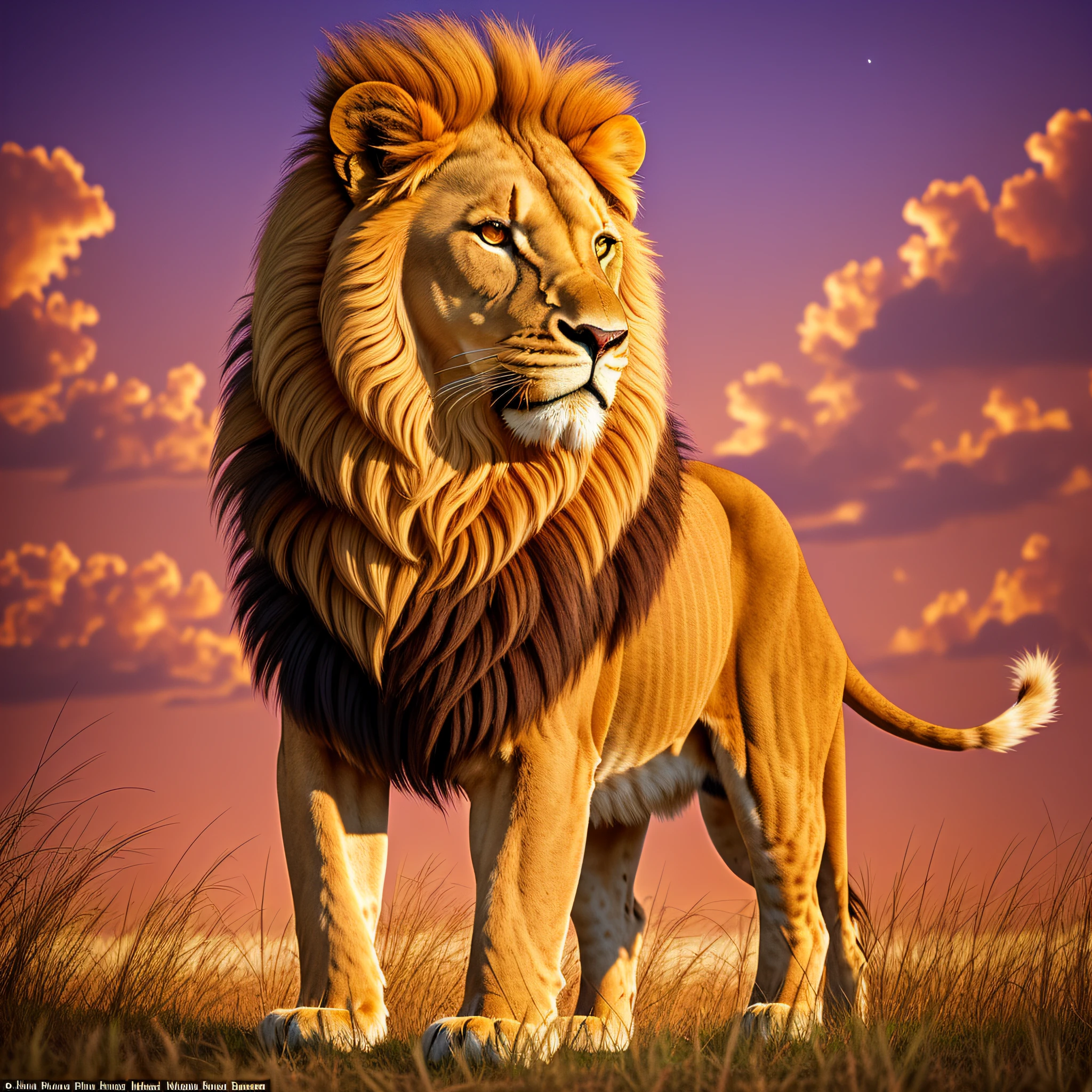 A majestic and regal lion, its golden mane flowing in the wind as it prowls through the tall grass of the savannah. In the distance, the setting sun paints the sky in shades of fiery orange and deep purple, casting a warm and welcoming glow across the African landscape.