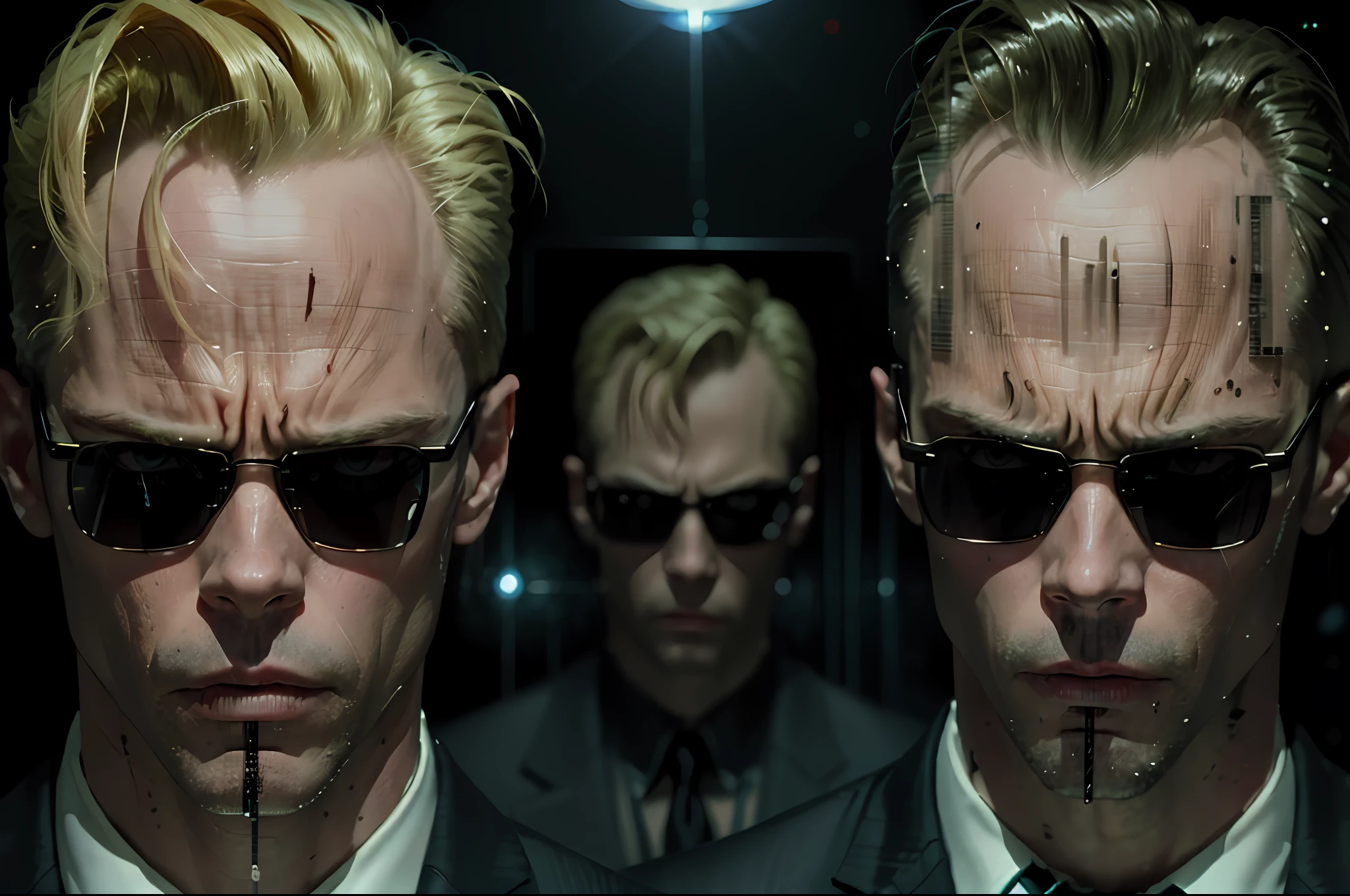 (((enemies))), (extreme closeup), (face off), (face to face), (((breaking spacetime))) ,(((mirrored))) ,((best quality)), ((masterpiece)), (detailed), (((suit))) fan art of evil man, there are two people staring angrily at each other, mirror, (((face to face))), out of a mirror, reflection, distortion of mirrored world, evil looking blond GUY PEARCE face, blond GUY PEARCE in a suit with square sunglasses close up, blond GUY PEARCE in a suit angry, blond GUY PEARCE in a suit with squared sunglasses, square sunglasses, the matrix (1999), square sunglasses, night, 80mm, ((western animation)), (neo the matrix (1999)), (short hair), (((distorted space time))), (people about to fight)