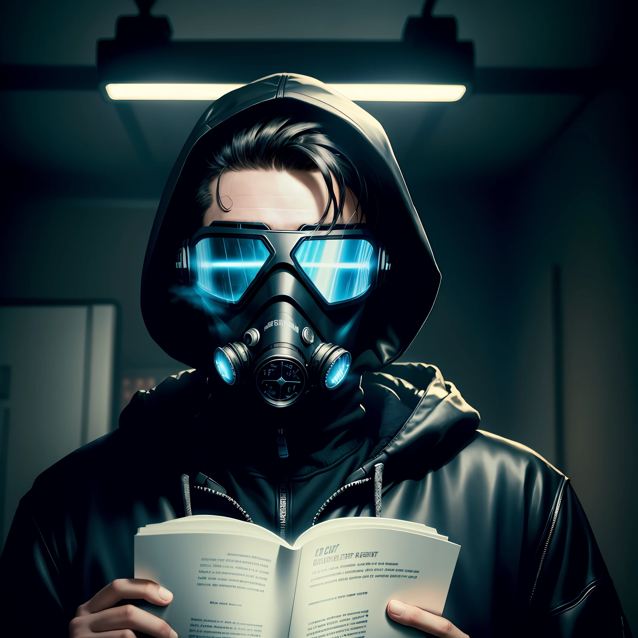cyberpunk guy reading a book in dark room filled with books, wearing a hood, sneakers, gas mask, goggles, neon lighs, eye reflection, depth of field, cinematic lighting, drop shadow, blurry foreground, Wide-Angle, f/4.0, 35mm, Fujifilm, UHD, retina, masterpiece, super detail, high quality, textured skin, award winning, best quality, highres, 16k