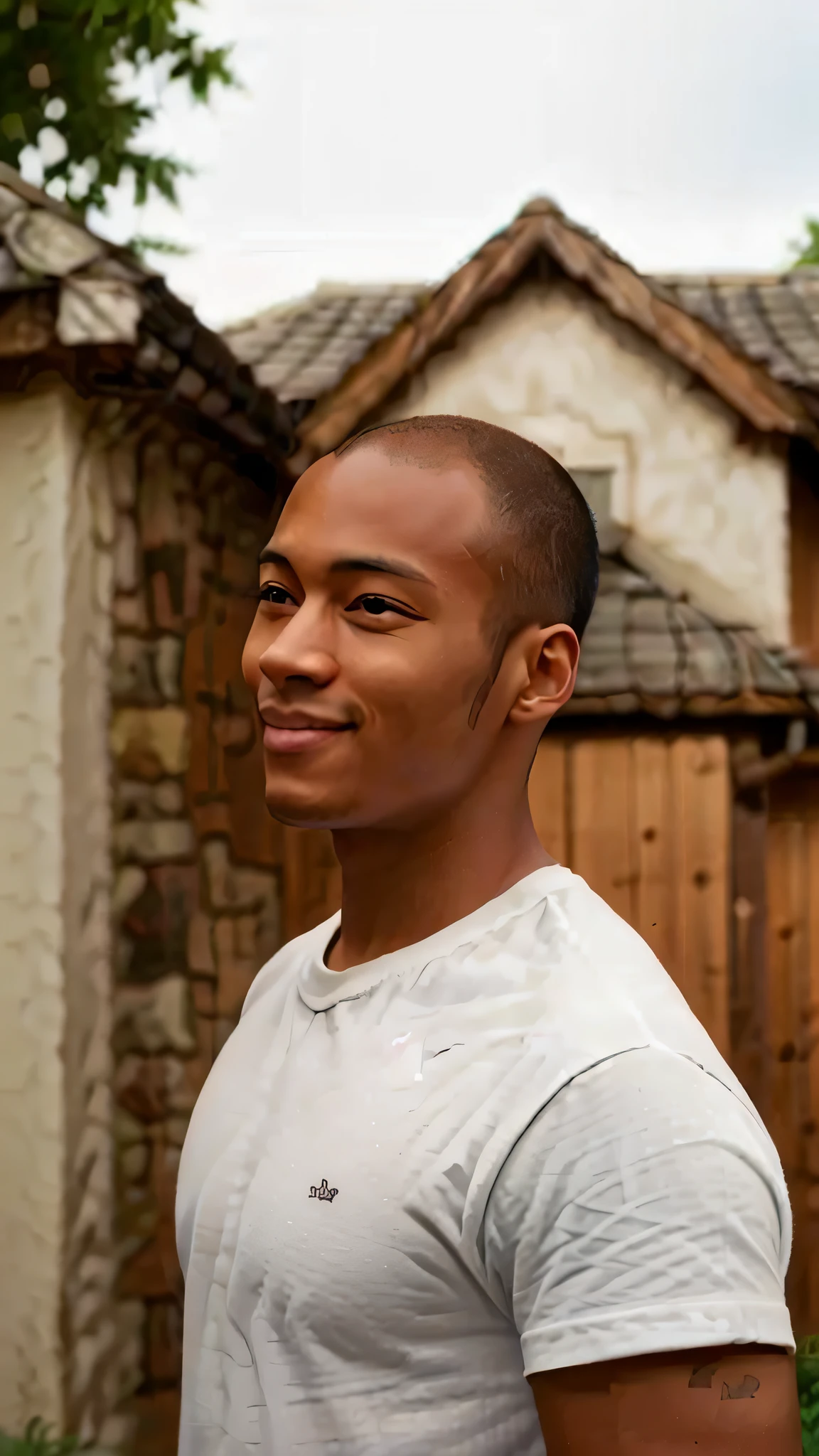 smiling man in a white t-shirt, profile picture, rodney matthew, david uzochukwu, brown-skinned man with a giant smile, with a happy expression, profile picture, richard sigamani, profile picture, looking happy, by robert lee eskridge, very slightly smiling, serene smile, by Leonard Daniels, astor alexande, realistic, disney style, bright white teeth, bald,