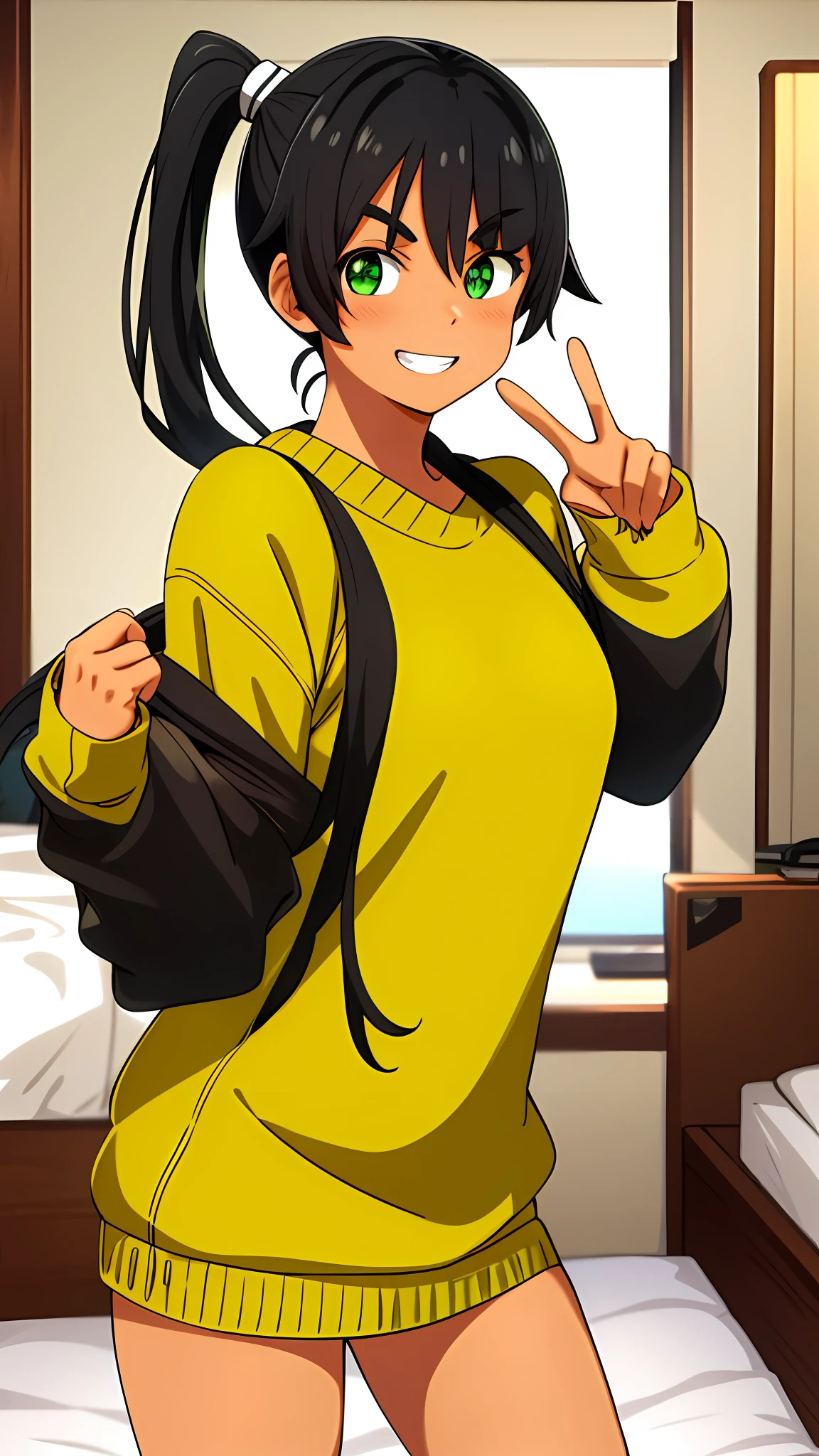 Girl, double ponytail, black hair, tanned skin, green eyes, yellow sweater, sharp eyebrows, small breasts, standing, bedroom, flushed, twintails, anime, happy, smile showing teeth