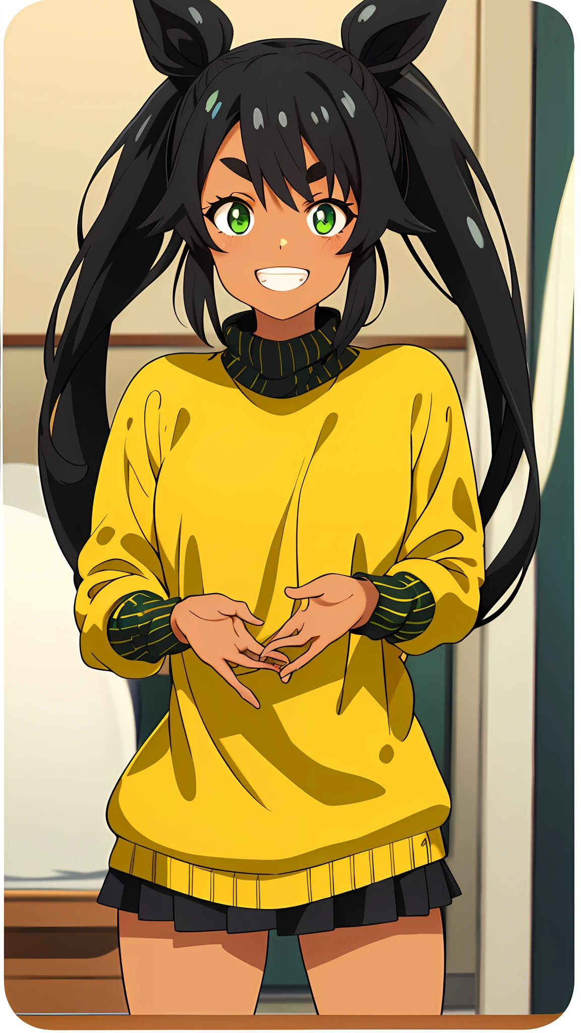 Girl, double ponytail, black hair, tanned skin, green eyes, yellow sweater, sharp eyebrows, small breasts, standing, bedroom, flushed, twintails, anime, happy, smile showing teeth