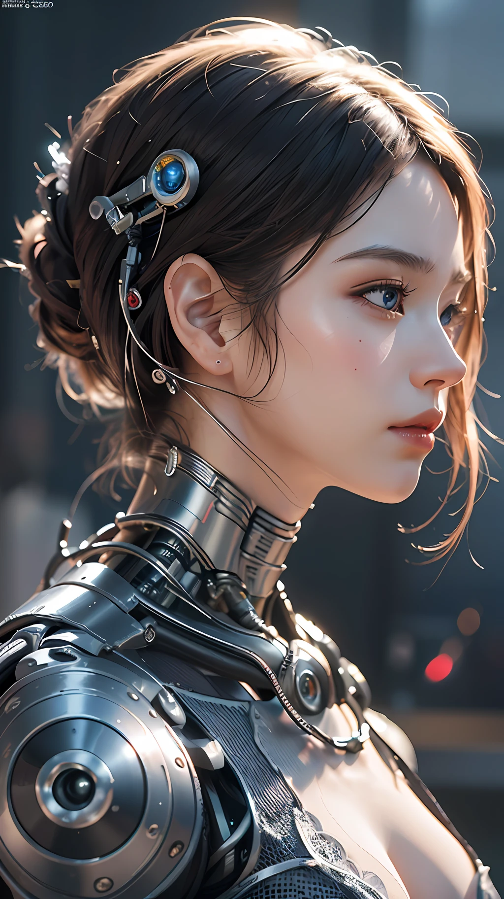 complex 3d render ultra detailed of a beautiful porcelain profile woman android face, cyborg, robotic parts, 150 mm, beautiful studio soft light, rim light, vibrant details, luxurious cyberpunk, lace, hyperrealistic, anatomical, facial muscles, cable electric wires, microchip, elegant, beautiful background, octane render, H. R. Giger style, 8k, best quality, masterpiece, illustration, an extremely delicate and beautiful, extremely detailed ,CG ,unity ,wallpaper, (realistic, photo-realistic:1.37),Amazing, finely detail, masterpiece,best quality,official art, extremely detailed CG unity 8k wallpaper, absurdres, incredibly absurdres, robot, silver halmet, full body