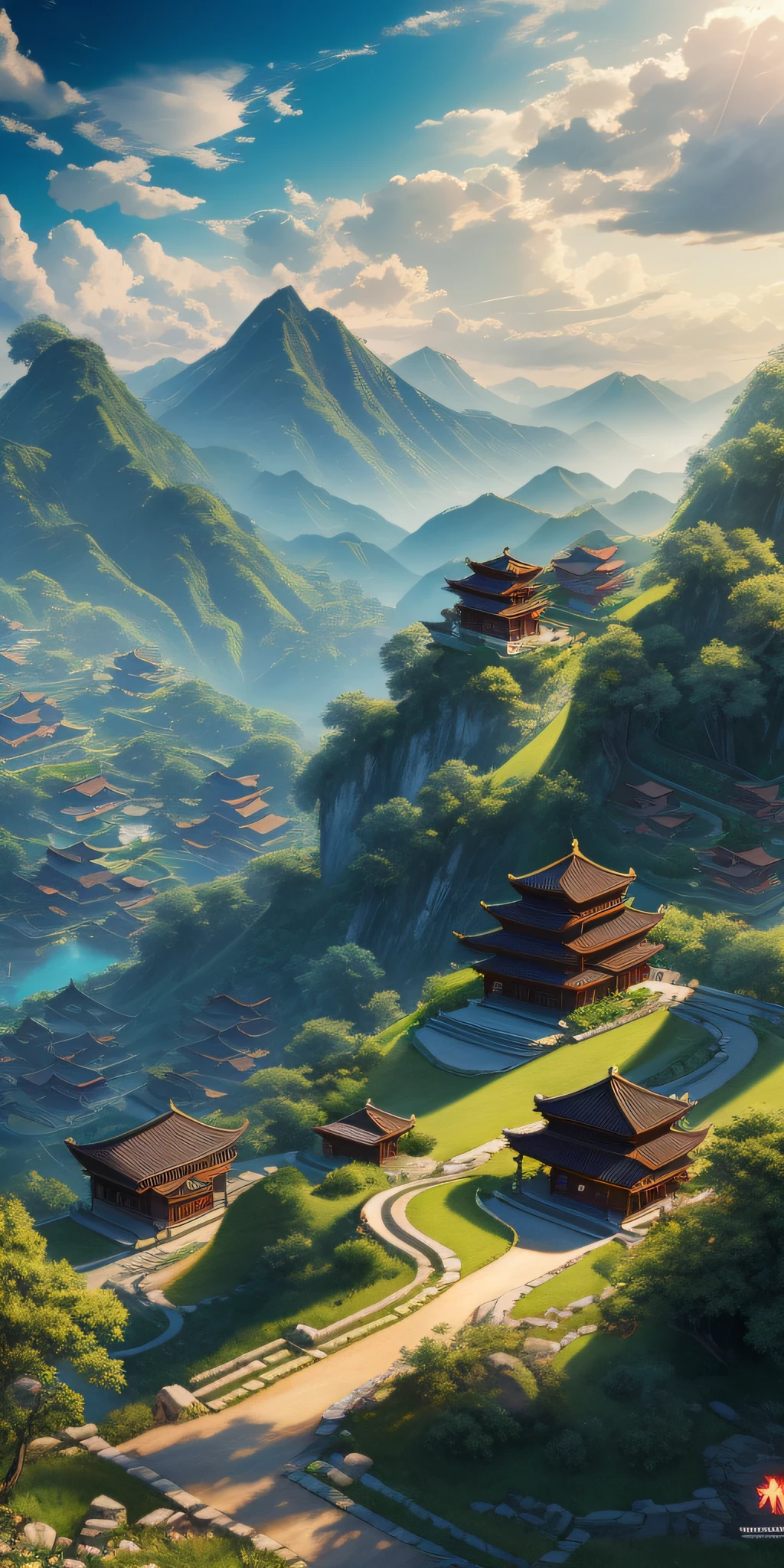 Masterpiece, best quality, high quality, extremely detailed CG unified 8k wallpaper, outdoor, sky, clouds, no humans, mountain, 3 Chinese style yards sitting on hillside, cinemagraph, landscape, water, trees,