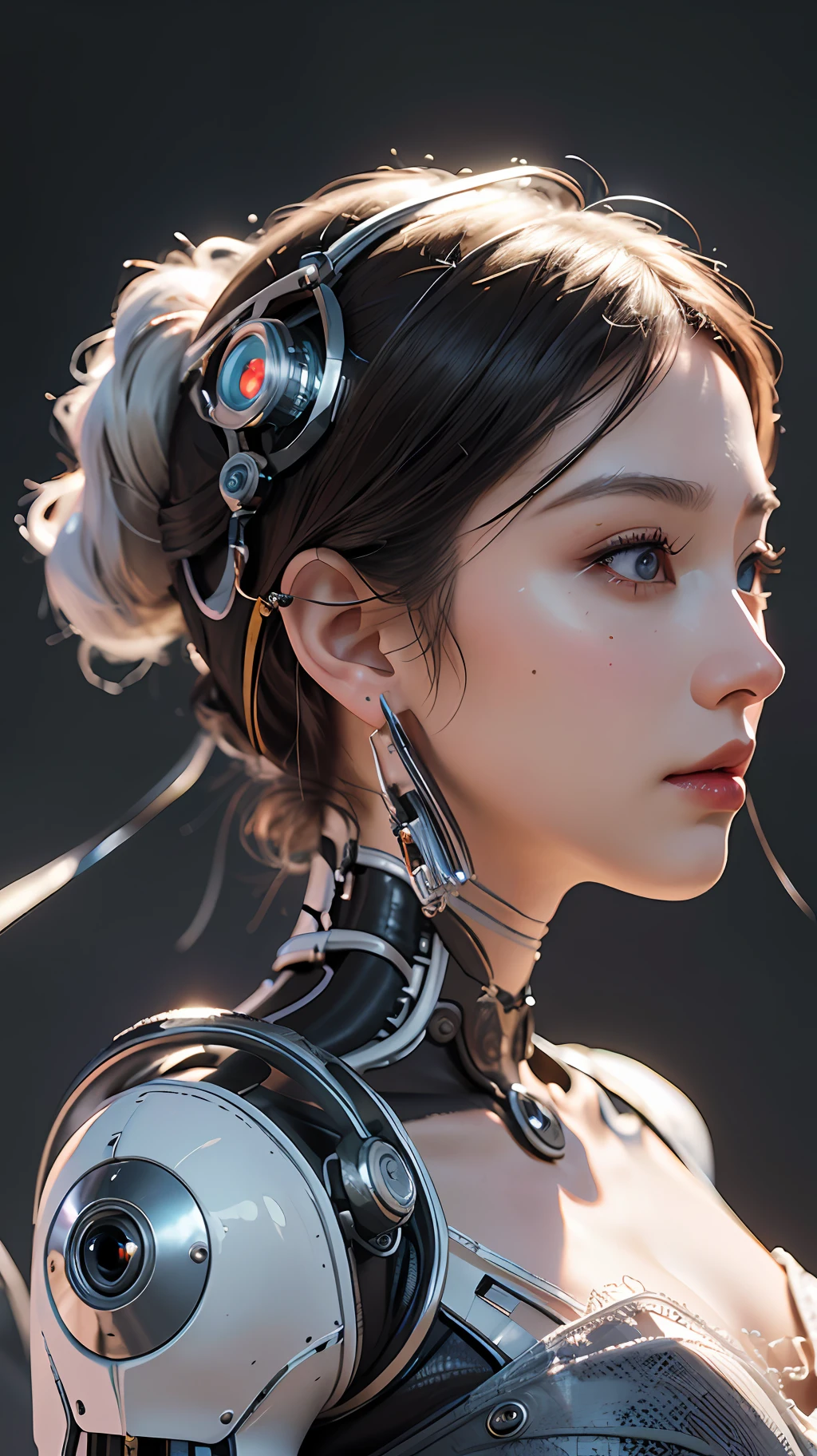 complex 3d render ultra detailed of a beautiful porcelain profile woman android face, cyborg, robotic parts, 150 mm, beautiful studio soft light, rim light, vibrant details, luxurious cyberpunk, lace, hyperrealistic, anatomical, facial muscles, cable electric wires, microchip, elegant, beautiful background, octane render, H. R. Giger style, 8k, best quality, masterpiece, illustration, an extremely delicate and beautiful, extremely detailed ,CG ,unity ,wallpaper, (realistic, photo-realistic:1.37),Amazing, finely detail, masterpiece,best quality,official art, extremely detailed CG unity 8k wallpaper, absurdres, incredibly absurdres, robot, silver halmet, full body