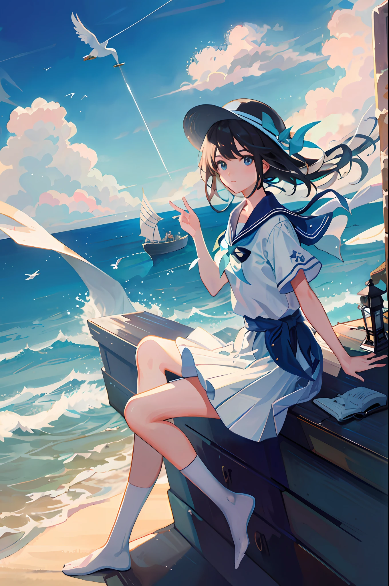 (masterpiece, top quality: 1.1), bird's eye view, asymmetry, blue sea, low tide, sea wave, sea route, coastal road, sandy beach, seashell, yacht, boat, ship wake, shipwreck, steamer, contrail, car, tourist, lighthouse, seagull , horizon, horizon, wind, summer, hat, morning, sunny, cloud, calm, fresh air, depth of field