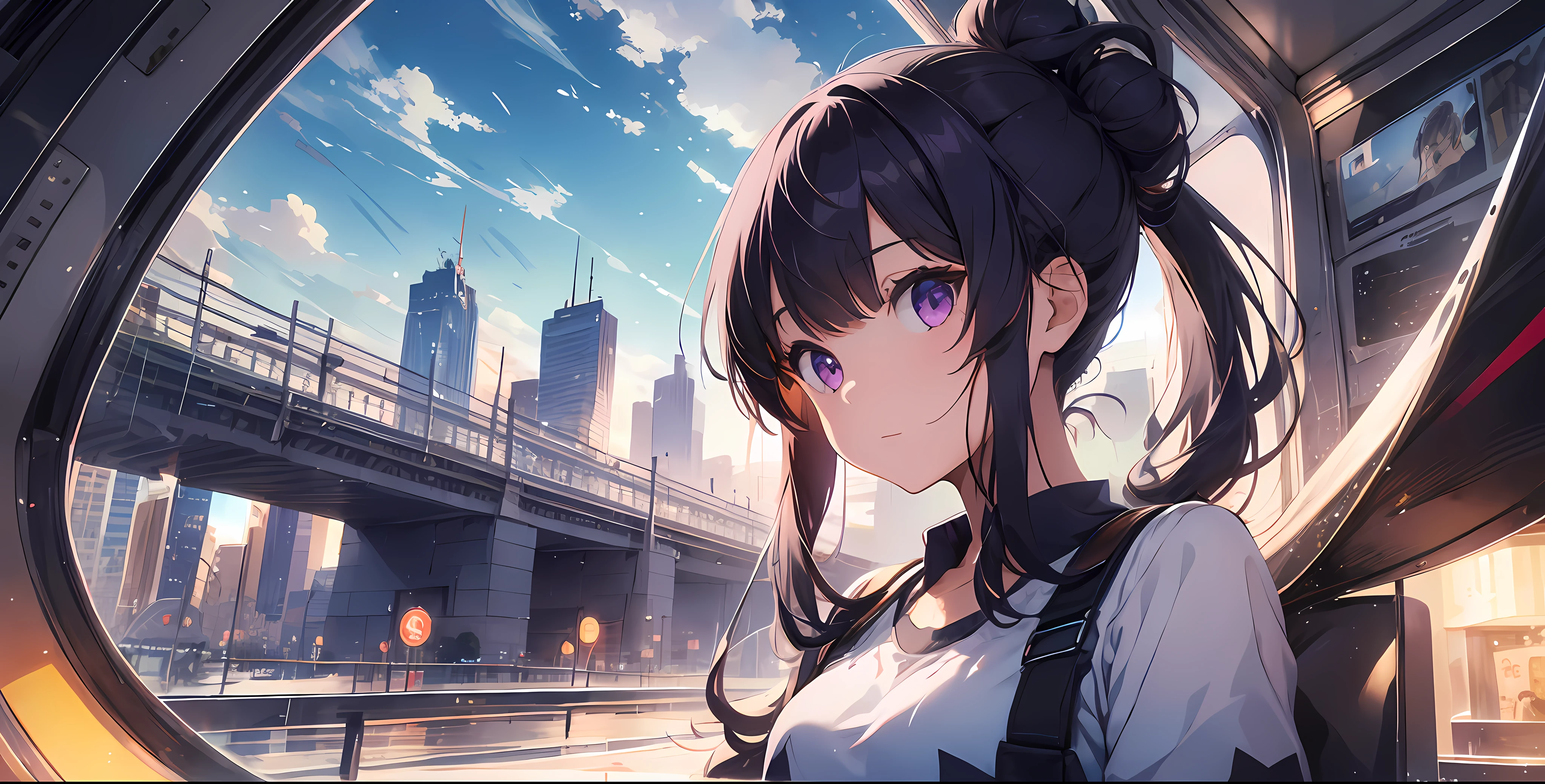 (1girl), (solo), (profile), extremely cute girl, (highly detailed beautiful face and eyes), lamentation, purple eyes, (navy hair):1.2, (tied up back hair into bun), (one top knot bun on head):1.2, many bangs, beautiful hair, oversized tshirt, short pants, sandals
BREAK
absurdres, highres, masterpiece, (in window of flying airplane):1.5, (in air), (vivid colors),