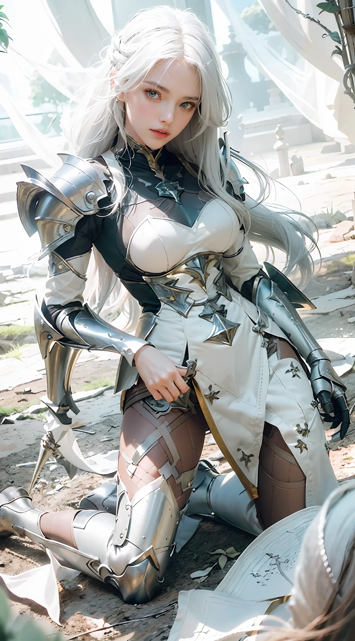 ((Best Quality)), ((Masterpiece)), (Details: 1.4), 3D, A Beautiful Female Knight, (Long White Hair: 1.9), (Kneeling: 1.7), (Armor: 1.5), High Heels, Gothic Chapel, HDR (High Dynamic Range), Ray Tracing, NVIDIA RTX, Super-Resolution, Unreal 5, Subsurface Scattering, PBR Texture, Post Processing, Anisotropic Filtering, Depth of Field, Maximum sharpness and sharpness, multi-layer textures, albedo and highlight maps, surface shading, accurate simulation of light-material interactions, perfect proportions, Octane Render, two-color light, large aperture, low ISO, white balance, rule of thirds, 8K RAW,