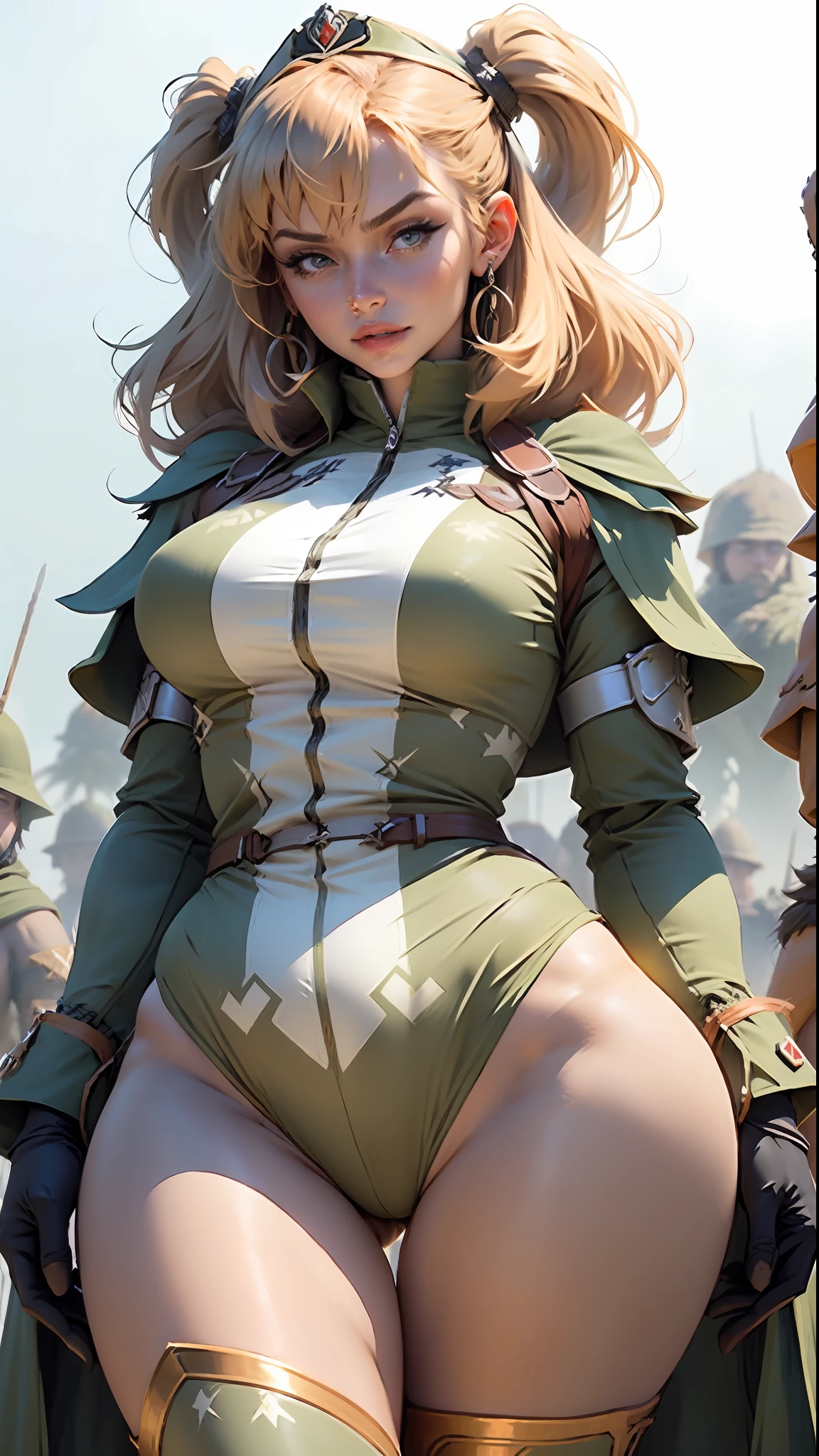 Beautiful woman with a well-defined body, role-playing using Dutch "giant palm" troops, wearing the costume of Dutch "giant palm" troops, big breasts, thin waist, plump buttocks