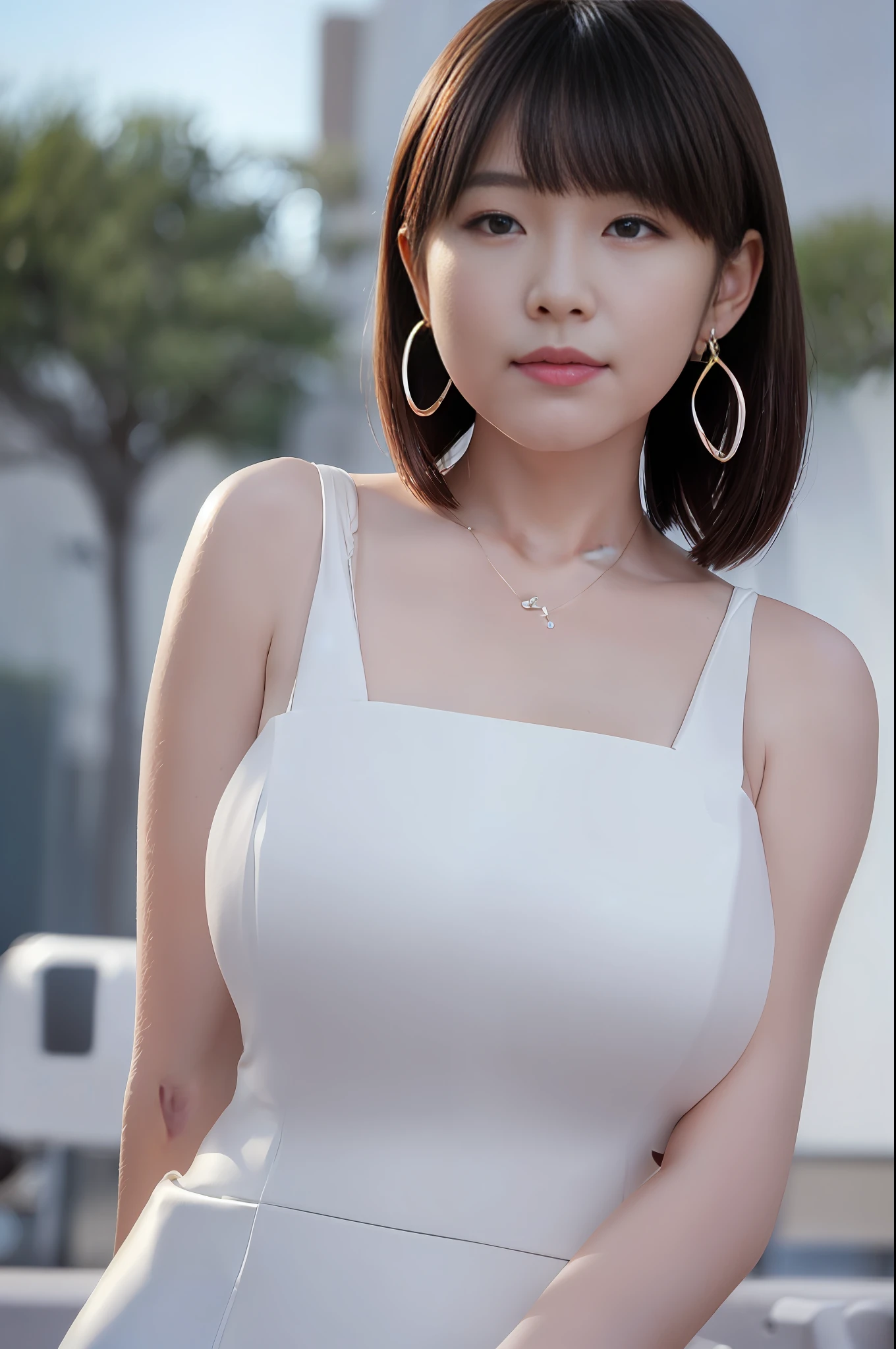 Absurd, closed mouth, balanced eyes, (Best Quality Detail: 1.2), Realistic, 8K HD, Ultra Detailed, High Quality Texture, Complex Detail, Detailed Texture, Fine Detail, High Detail, Very Detailed CG, High Quality Shadows, Delicate Beautiful Delicate Face, (Delicate Beautiful Delicate Eyes: 1.32), Depth of Field, Ray Tracing, (A Beautiful 25 Year Old Cute Japanese Lady: 1), Huge, High Feminine, Glow Eyes, Exposed Forehead, Short Hair, Blush, Perfect Figure,, Blurred Outdoor Background, White Tight Leather, Looking at the Audience, Dynamic Pose, Earrings, Necklace, Model, Looking at the Audience, Dynamic Pose, Front,