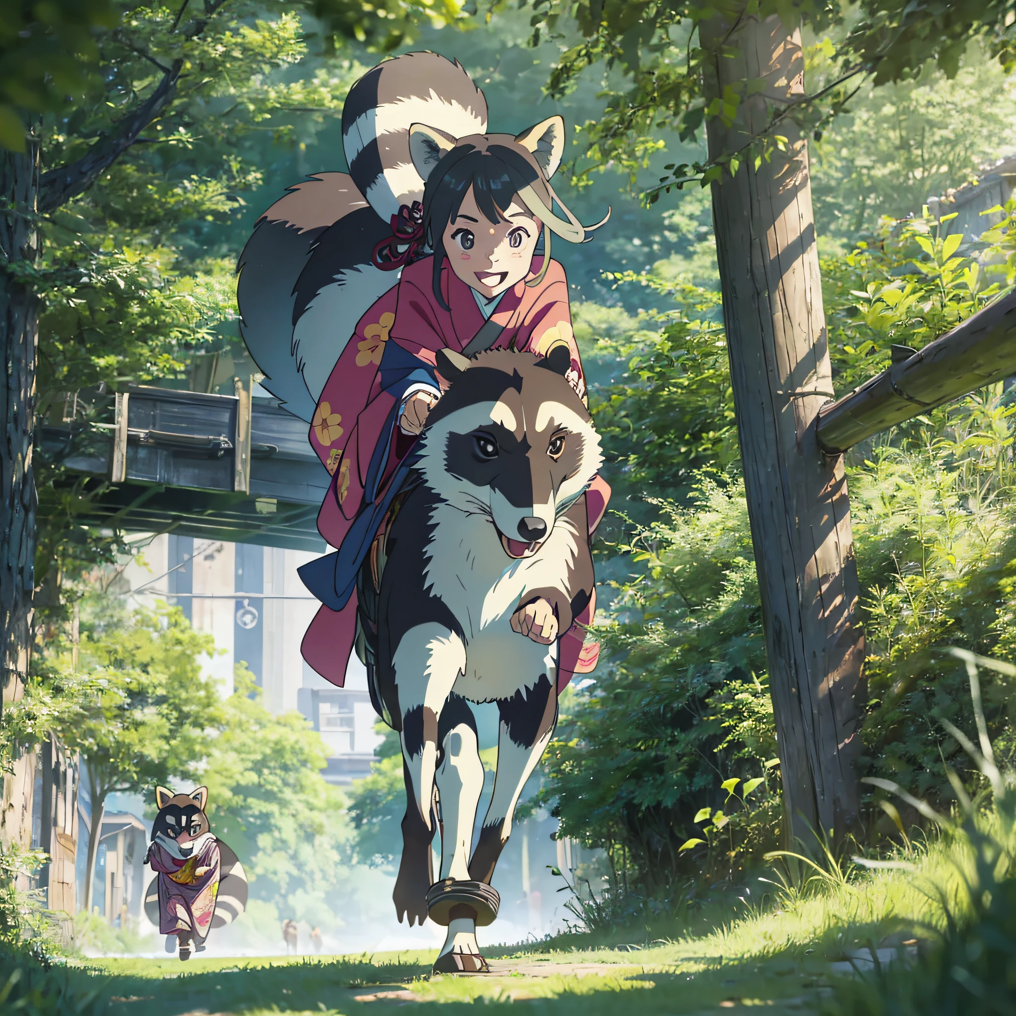 A happy looking girl in a kimono riding a big raccoon and running through the grassland.