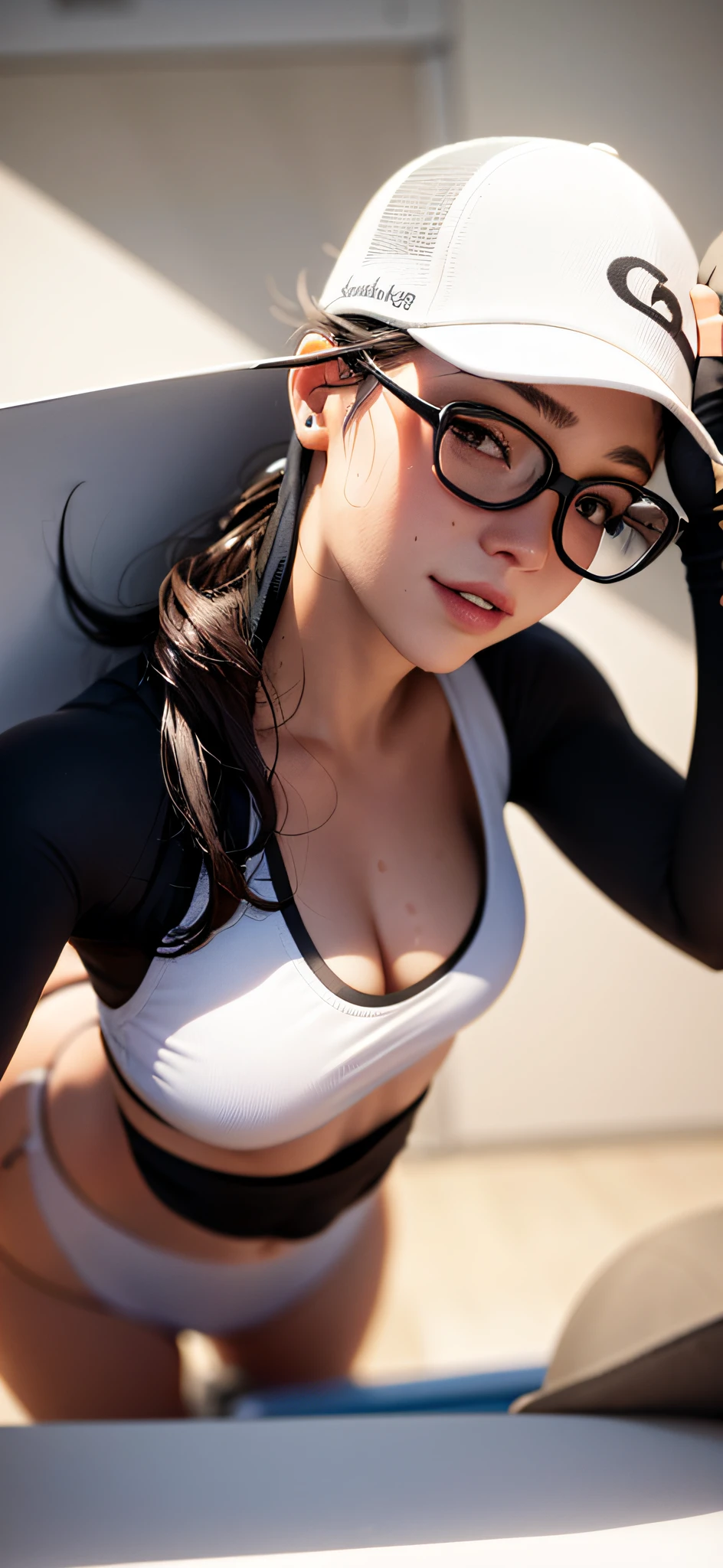 Woman 23 years old, working out, with hat, glasses of square shape and pointed on the top edge, bulky breasts, wearing only bikini, sweaty, keep the face faithful to the image