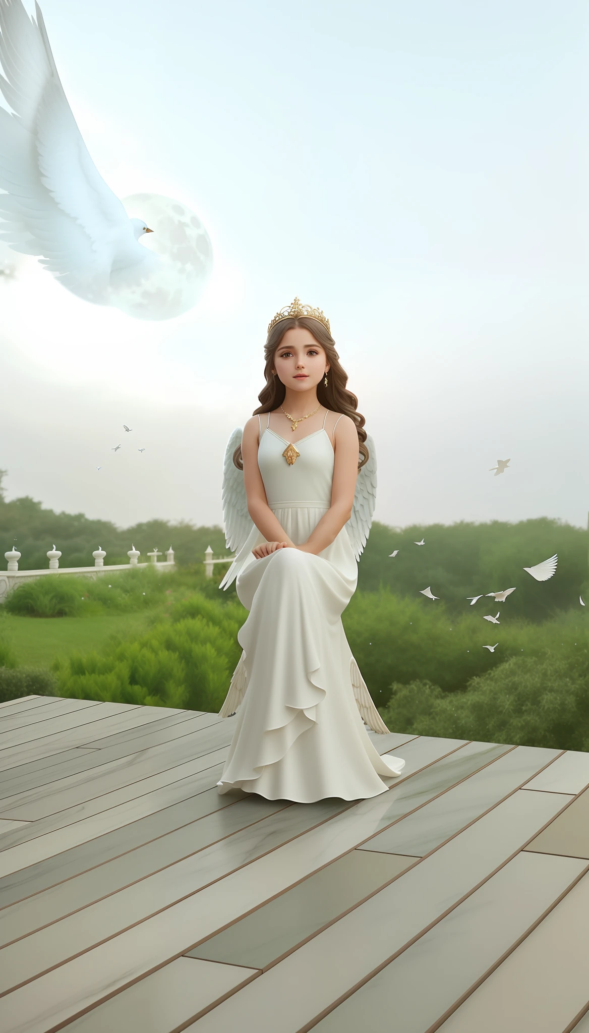 little cute angel with feathered wings looking to the night sky, ((gorgeous face)), ((realistic)), sitting on the outer egde marble gazebo at night garden and surrounded by white litle birds flying around her, all illuminated by the moon, intricate detailed, professional lighting, high definition, 8k, studio light