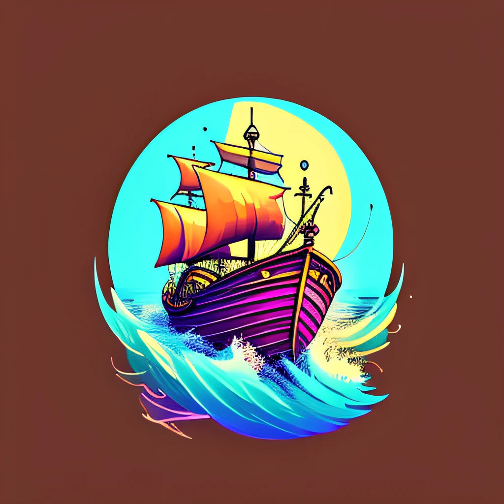 A fishing boat, vector art, vectorization, magic, clean logo design, warm vibrant colors, dark background, simple 2D logo design, Studio Ghibli style, tetradic pastel colors, cute and quirky, watercolor effect, bokeh, Adobe Illustrator, hand-drawn, digital painting, soft lighting, retro aesthetic, 4K resolution, using Cinema 4D