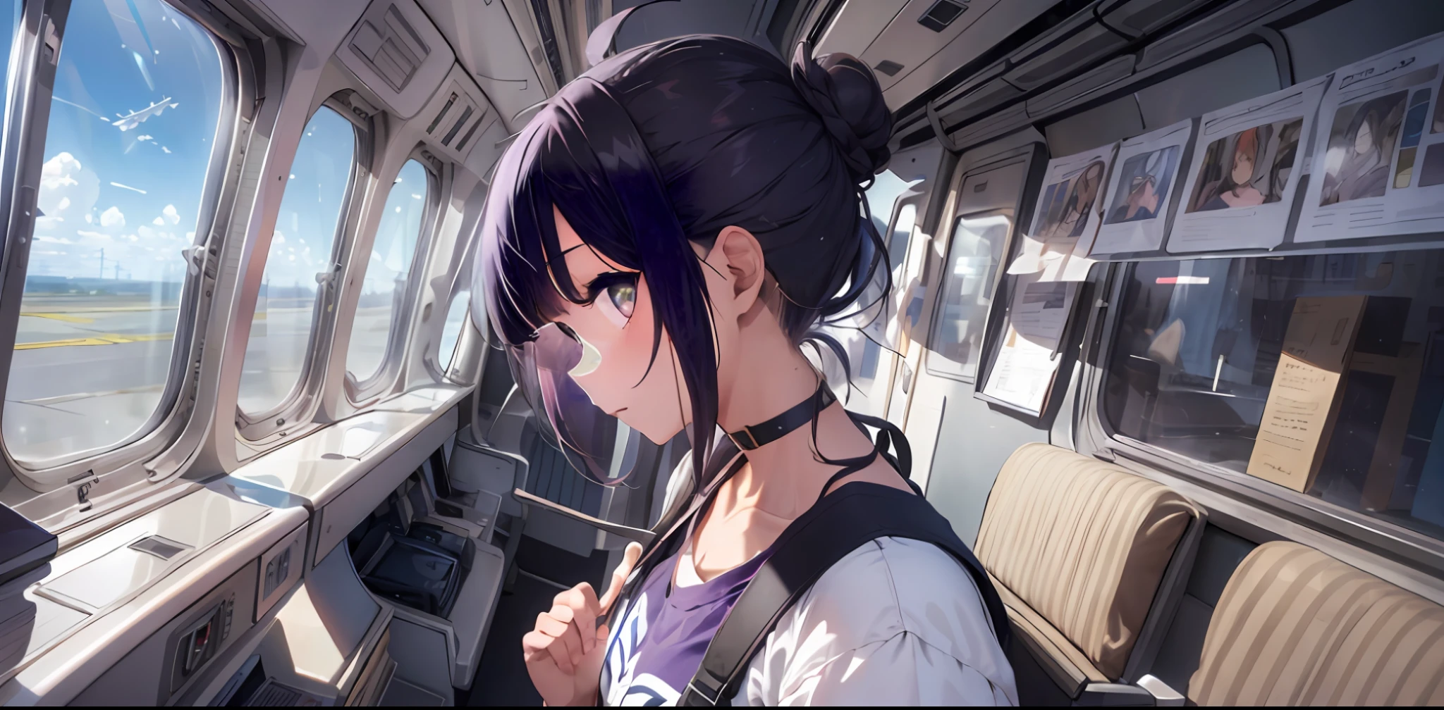 (1girl), (solo), (profile), extremely cute girl, (highly detailed beautiful face and eyes), lamentation, purple eyes, (navy hair):1.2, (tied up back hair into bun), (one top knot bun on head):1.2, many bangs, beautiful hair, oversized tshirt, short pants, sandals
BREAK
absurdres, highres, masterpiece, (in window of flying airplane):1.5, (in air), (vivid colors),