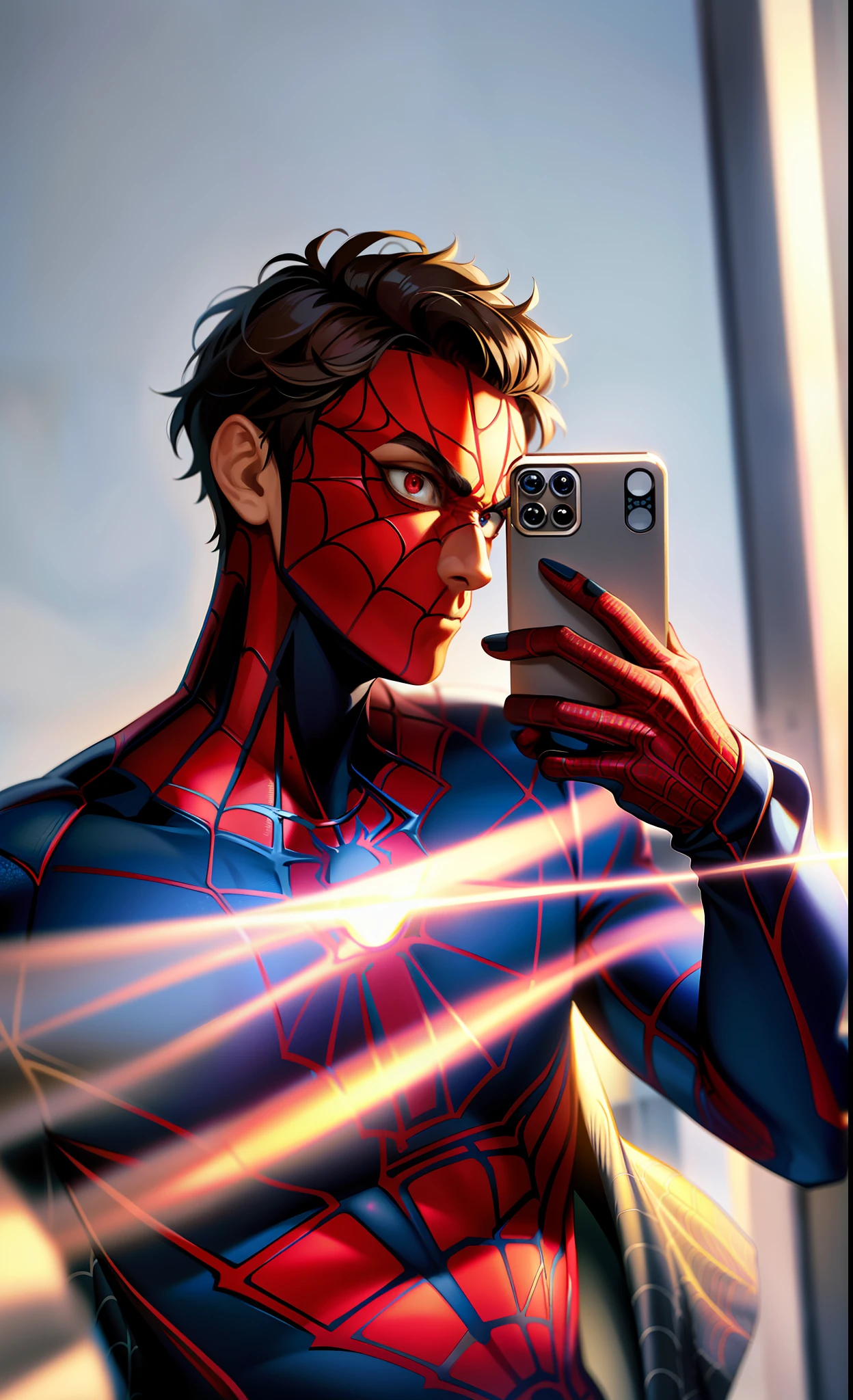 spider suit, spider web print, spider web, spider-man
Masterpiece, absurd, fine details, HDR, ((highly detailed face and eyes)), photorealistic,
focus on the eyes,
standing on the roof of a skyscraper, ((without mask)), looking at the viewer, short brown hair, man