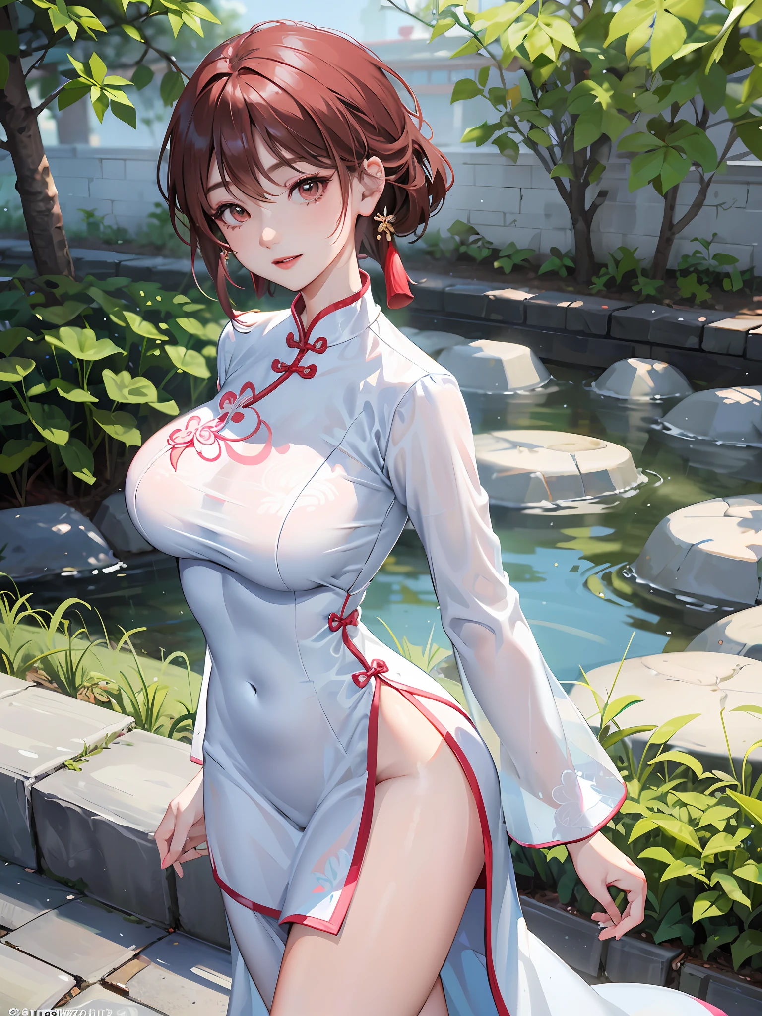 A woman in a white cheongsam standing next to the pond, beautiful Chinese woman, white cheongsam, short cheongsam, tight, pink print, she is about 30 years old, sexy chest, thighs, earrings, light body, smile, thin clothing, cute woman