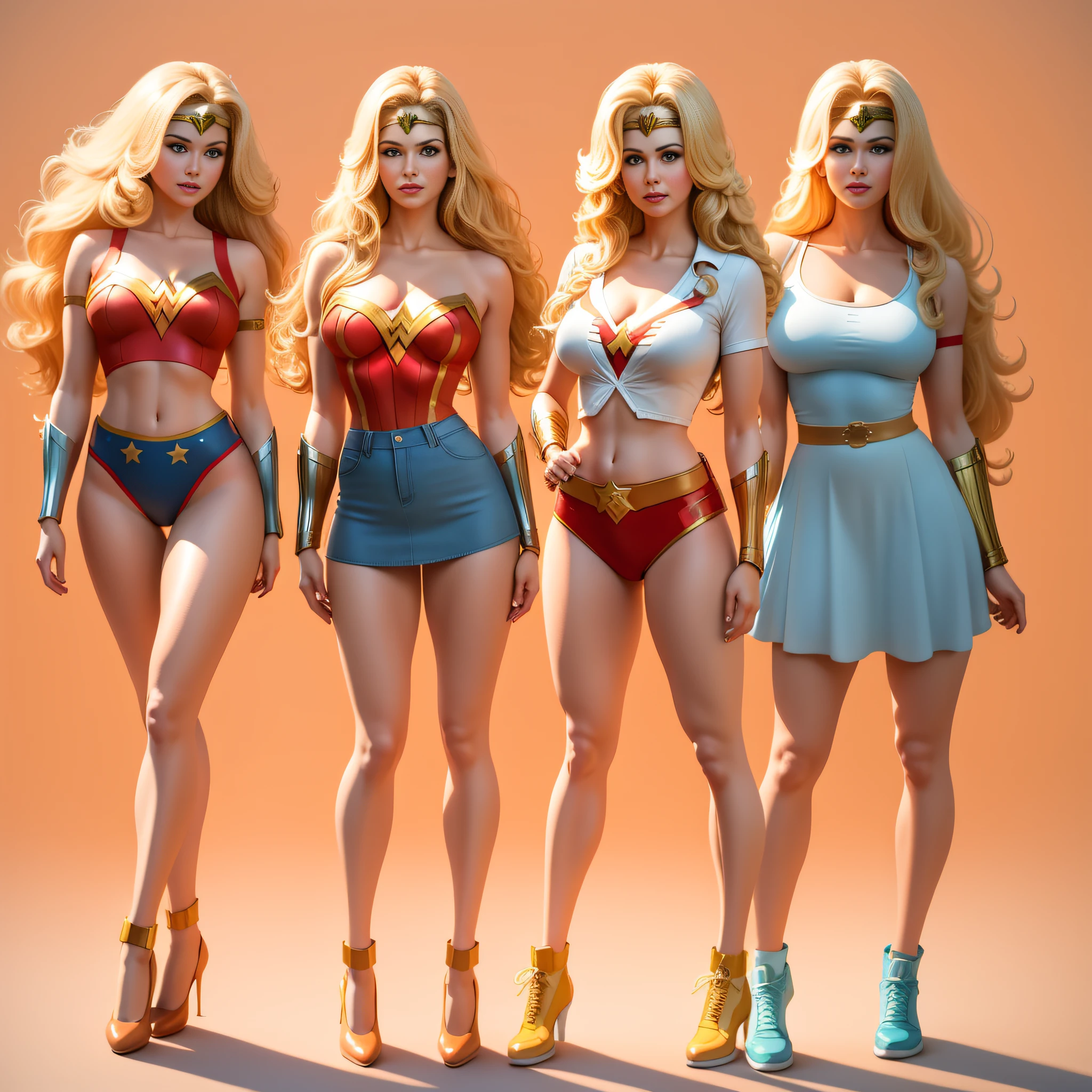 full body portrait, Wonder Woman, 1980s \(style\), 1girl, long blonde hair, retro artstyle, long wavy hair, solo, Peach, unbutton_shirt, (natural_breasts:1.2), medium_breasts, cleavage, full body shot, white top, model pose, shoes visible, ass view, face view, multiple views