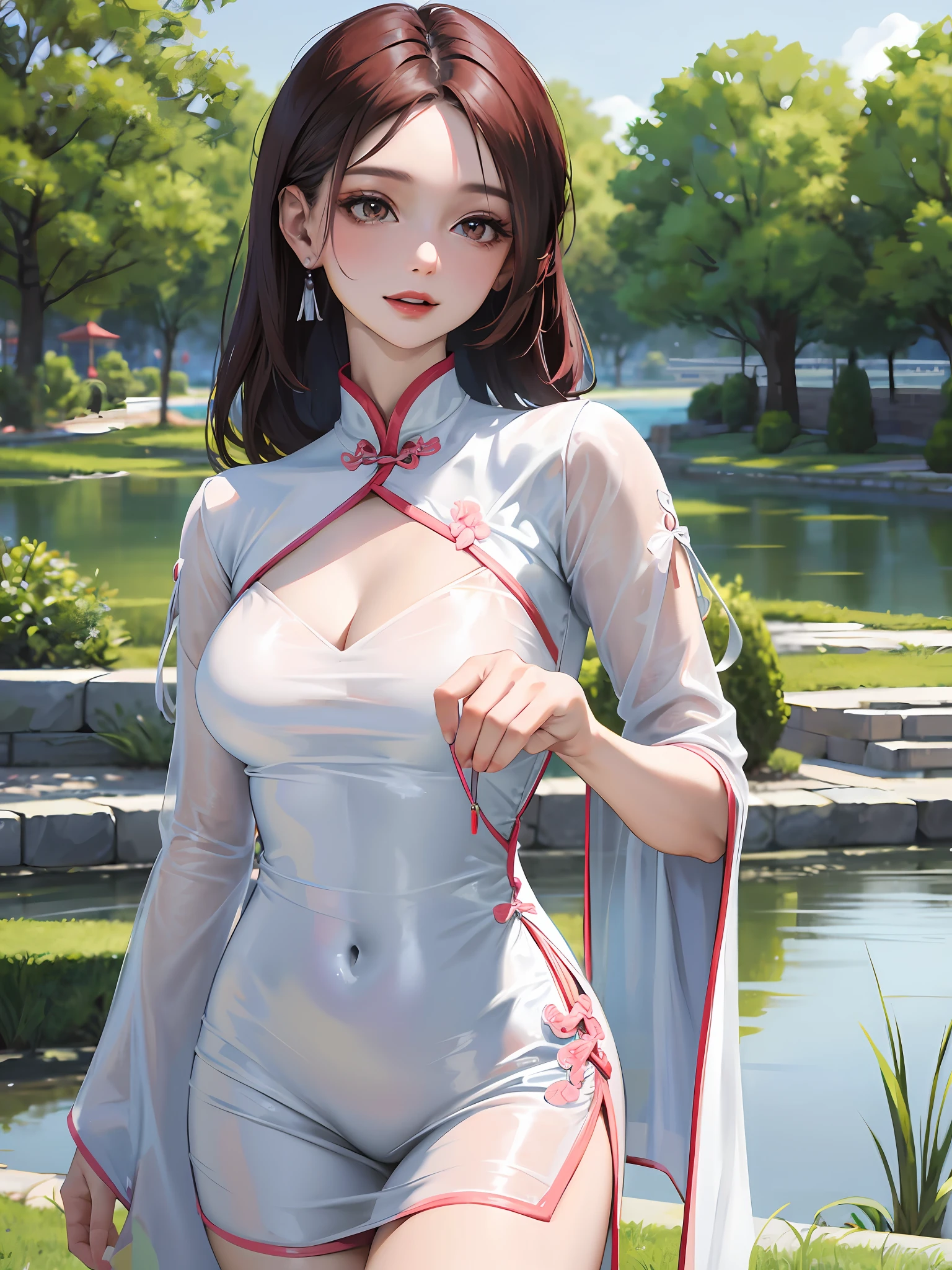 A woman in a white cheongsam standing next to the pond, beautiful Chinese woman, white cheongsam, short cheongsam, tight, pink print, she is about 30 years old, sexy chest, thighs, earrings, light body, smile, thin clothing, cute woman