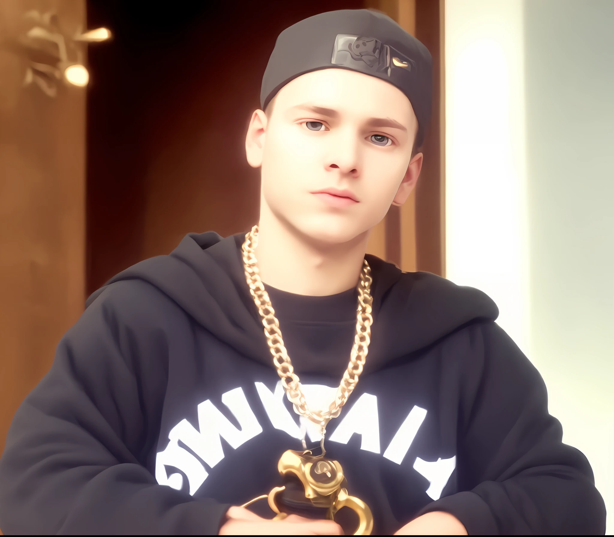 Man in black sweatshirt and snapback, profile picture, about 19 years old, a man wearing a black nike jacket, with chain around his neck, high quality, 4k