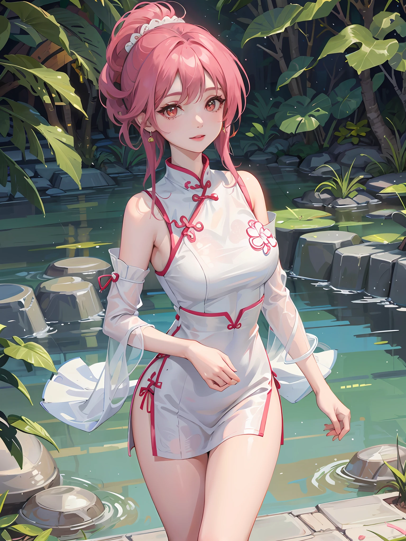 A woman in a white cheongsam standing next to the pond, beautiful Chinese woman, white cheongsam, short cheongsam, tight, pink print, she is about 30 years old, sexy chest, thighs, earrings, light body, smile, thin clothing, cute woman