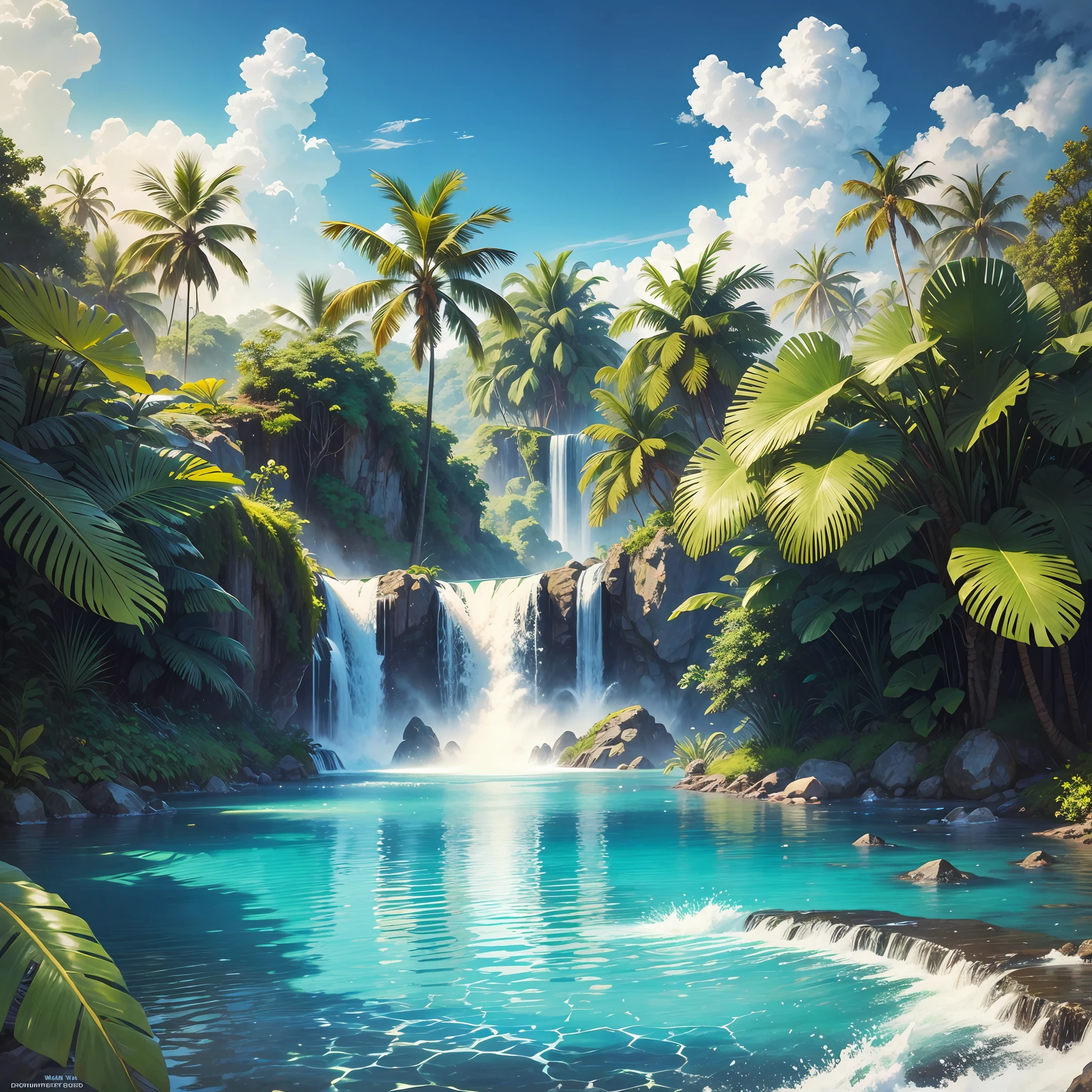 tropical paradise ultra realistic detailed masterpiece wonderful amazing with path of rivers into the jungle that at the end is a beautiful waterfall with luminous reflections, hyper-realistic --auto --s2