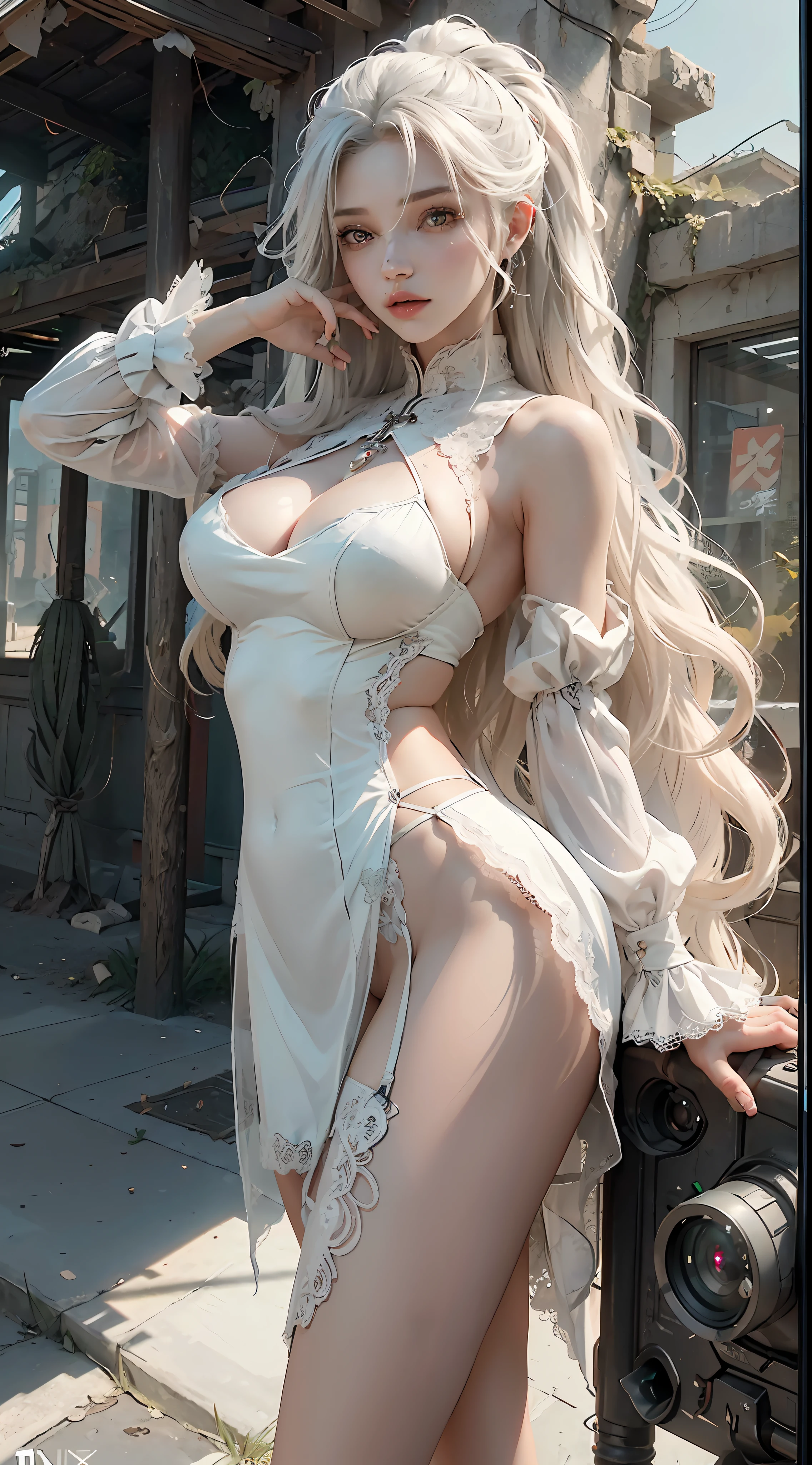 ((Best Quality)), ((Masterpiece)), (Very Detailed:1.3), 3D, Shitu-mecha, Beautiful cyberpunk woman with her mech in the ruins of a city in the forgotten war, ancient technology, HDR (High Dynamic Range), ray tracing, NVIDIA RTX, Super Resolution, Unreal 5, Subsurface scattering, PBR texture, Post processing, Anisotropic filtering, Depth of field, Maximum sharpness and sharpness, Multilayer texture, Albedo and highlight maps, Surface shading, Accurate simulation of light-material interactions, perfect proportions, octane rendering, duotone lighting, low ISO, white balance, rule of thirds, wide aperture, 8K RAW, efficient sub-pixels, subpixel convolution, luminous particles, light scattering, tyndall effect, transparent clothing, lace trim, lace seduction, bare legs, miniskirt, long legs, thighs, big breasts, huge breasts, split skirt, pink lace trim, upturned hips, big breasts, big breasts, big breasts, high split cheongsam, coquettish type, charming, coquettish Chest leakage, bursting breasts, long hair, curly hair, big breasts, seduction, tall figure, white skin and beauty, mesh stockings, broken nets, white hair, fat breasts and buttocks
