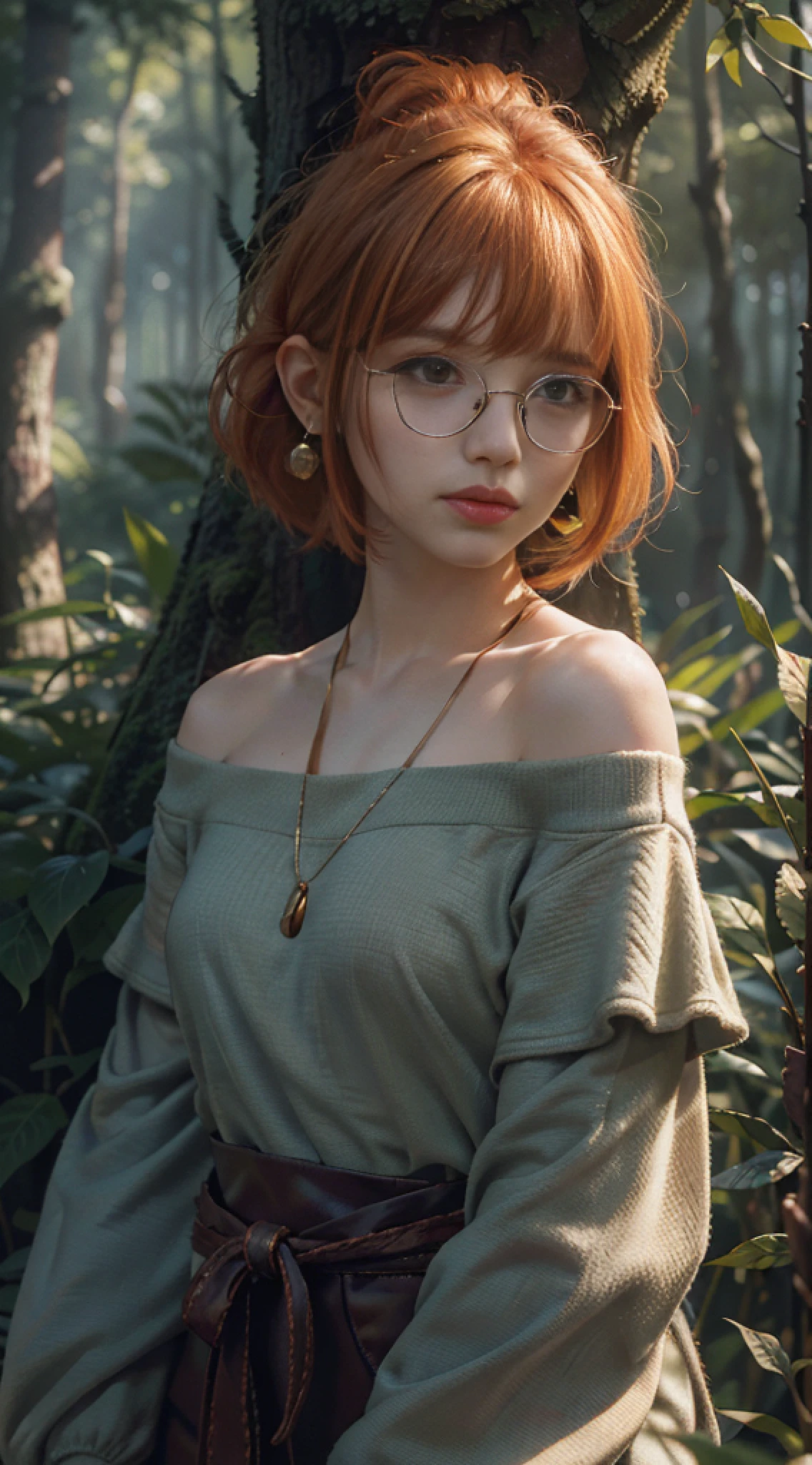 Best quality, masterpiece, portrait, forest warrior, bush clothing, , ultra high resolution, (photorealistic: 1.4), raw photo, 1girl, off shoulder, cinematic lighting, glasses, earrings on perfect ears, bangs, (orange hair: 2.6 ), (bob cut: 1.5)