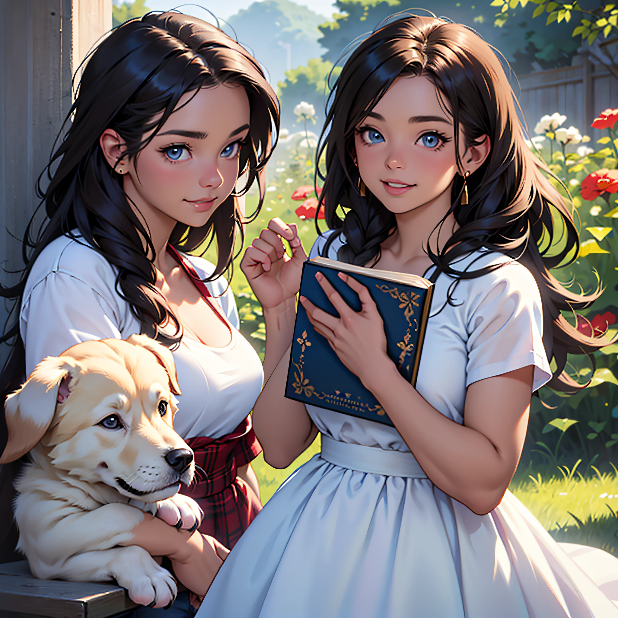 Cute puppy. Beautiful puppy. Adorable puppy. Portrait of a woman in a white dress, holding a book with delicate hands, expressing beauty and strength. Detailed portrait of an indigenous woman in cartoon style, with beautiful eyes, quick brushstrokes and vibrant colors. Cute puppy. Beautiful puppy. Masterpiece of a cute puppy, with red and white fur. Italian girl posing, detailed face, dark hair, athletic body, wearing red flannel and jeans. Soft hair, happy smile, cute Italian.
