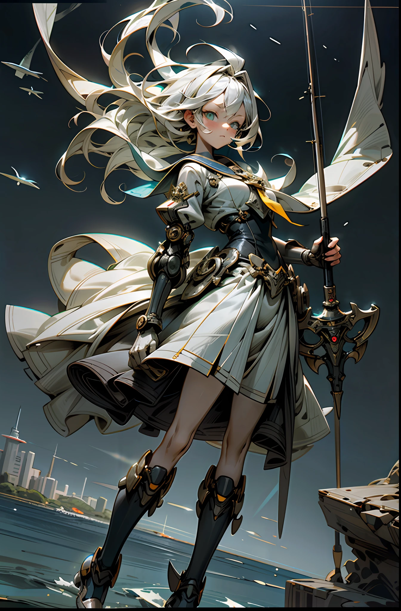 cyberpunk, (fishing rod, white: 1.1), mechanical marvel, robot presence, cybernetic guardian, bright, beautiful girl with fishing rod and fish, daytime, (((sunny ocean background)), ((ultra definition)), ((best illustration)), (cinematic lighting)), fishing, fishing rod, boating, dynamic angle, floating, Detail, (Glitter: 1.2), (Shine: 1.2), Classic, (Paint: 1.1), (Sketch: 1.1), (Best Quality), (Masterpiece: 1.2), (Anime-style), (Solo), Beautiful Detail Face, (Cute Face: 1.3), (Big Eyes: 1.3), Silver Hair, (Short Bob: 1.2), (Floating Hair: 1.2), Detailed Costumes, (Sailor Costumes), (Armoured Costumes), (Brain Effect: 1.3 ), (Reduce breast exposure: 1.2), (Cute boots: 1.1), (Long skirt: 1.1), (Glitter: 1.2), (Glow: 1.2), (Shine: 1.2), (Flicker: 1.2), (Dazzle: 1.2),