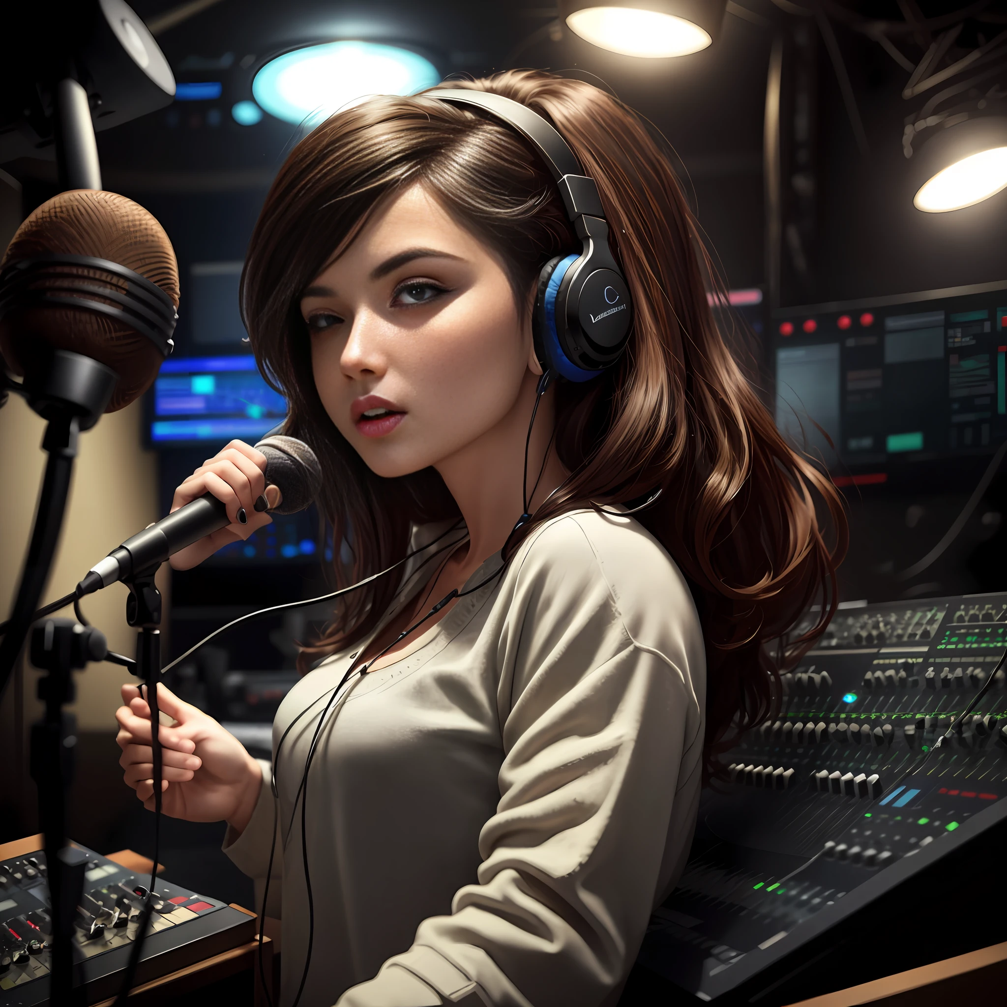 Beautiful dark-haired woman facing a soundboard in record label studio with headphones in her ear she singing into a microphone, looking at camera