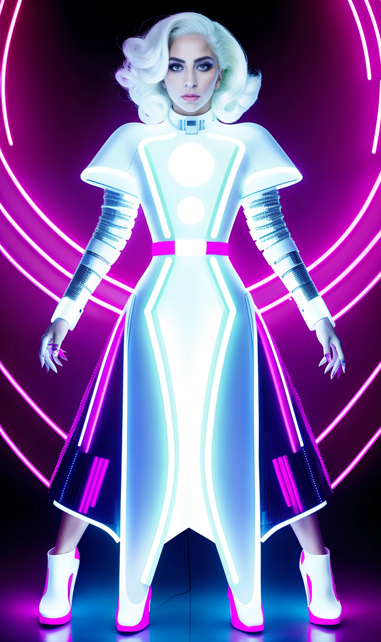 Lady Gaga Photo, 4K Texture, Robotic White Dress,Neon,White Hair & Long Hairstyle, 8k Image, Haute Couture, Flashes, High Image Quality,Neon Dress, Realistic Face, Various Body Poses, Full Body, 8k Image, Various Poses,HD