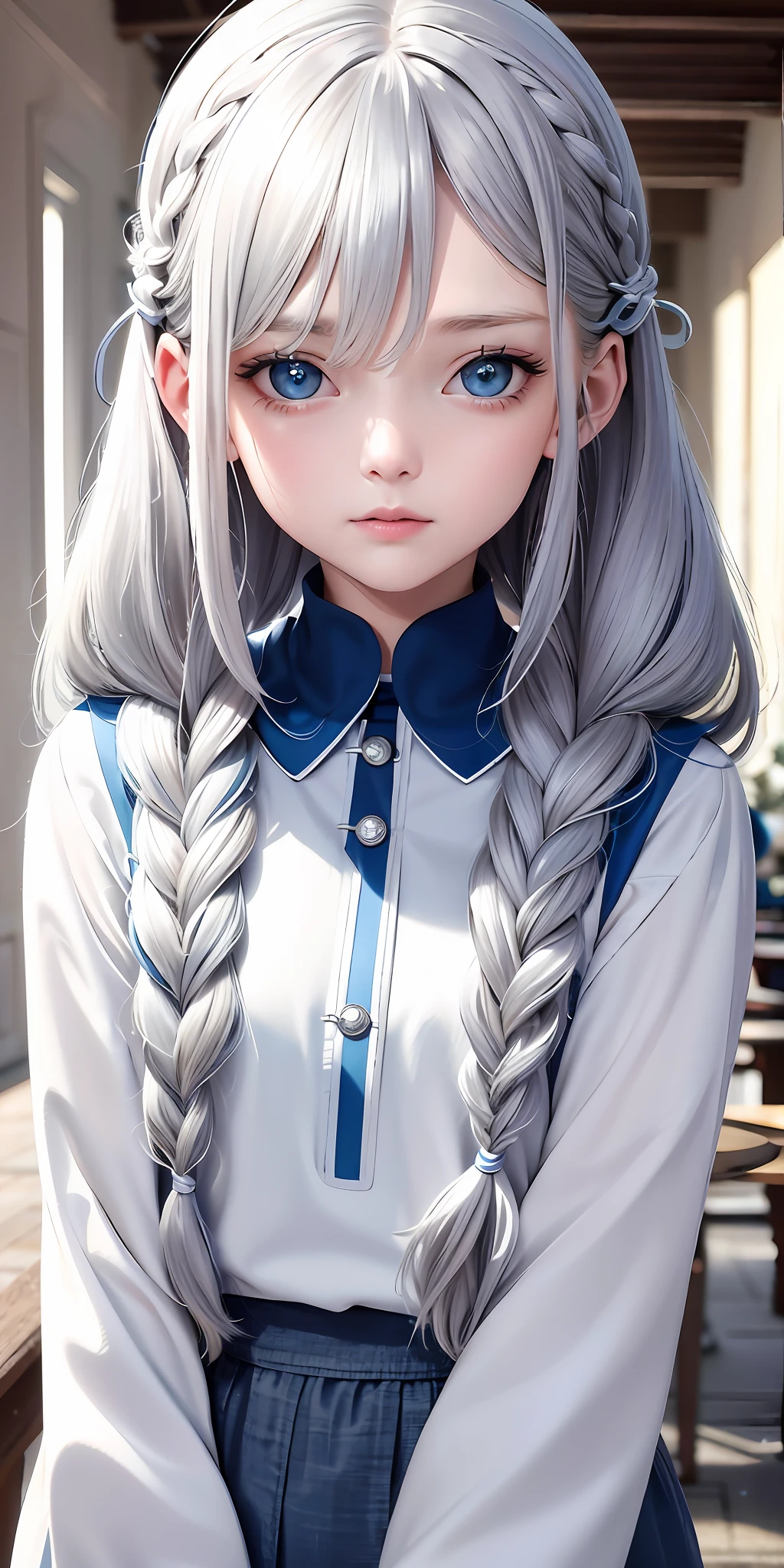 Top quality, masterpiece, gray hair, blue eyes, white clothes, hair strands, fair skin, side braids