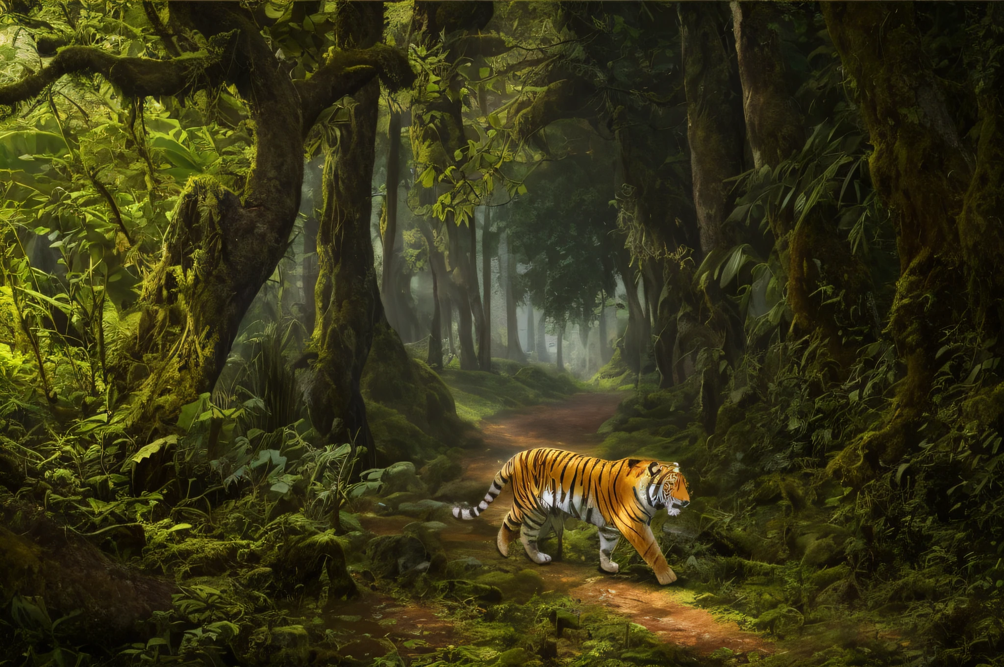 Ultra realistic image of a tiger walking through a forest with a mossy tree, prowling the forest,this, in the jungle of the deep forest, looking majestic in the forest, in the Indian forest, in the deep forest, in the background of the lush forest, in the jungle forest !!!