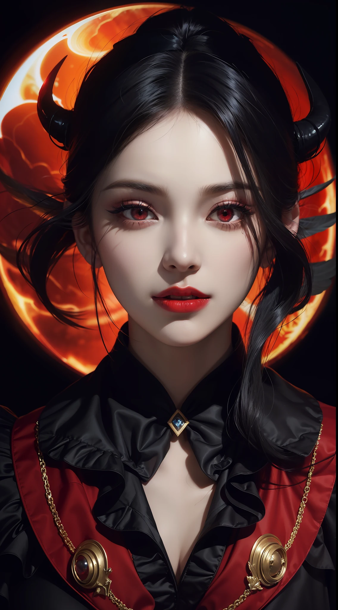 1 beautiful devil woman from hell, In the Dark: 1.6), surreal female portrait by David Hockney and Alphonse Mucha, fantasy art, korea doll, photorealism, dynamic lighting, artstation, poster, volumetric lighting, very detailed faces, 8k ultra, Awarded, in the dark, deep shadow, low key, cowboy lens, (Red phoenix dress: 1.4), long hair, black hair, bust, luxurious palace, Royal style, devil crown, red eyes make up very sharp and detailed, The most beautiful face, The breasts are very big and round and round, Super realistic, chinese women's clothing, polo neck sweater, Charming smile, The eyes are very well made up, guweiz, devil style, wearing black mesh socks, Ponytail with a bow tied at the back of the hair, Red black lips, Devil tattoo on shoulder, wearing a thin red and black robe, the landscape is overcast and thunderous, (Portrait), Close-up of the main character, (Background details 1.8),
