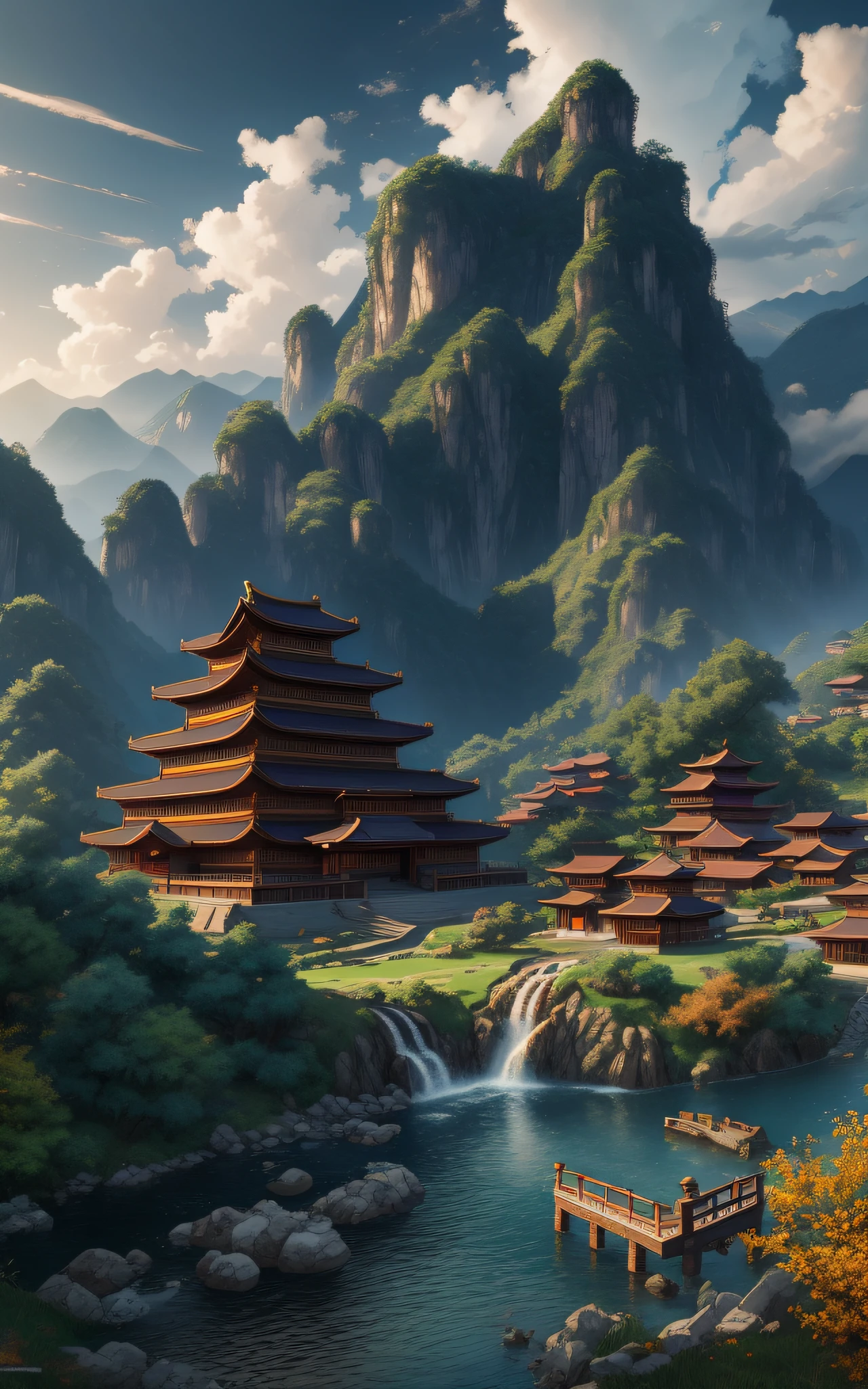 Masterpiece, best quality, high quality, extremely detailed CG unified 8k wallpaper, outdoor, sky, clouds, no humans, mountains, 7 Chinese style yards sitting on hillside, cinemagraph, landscape, water, trees,