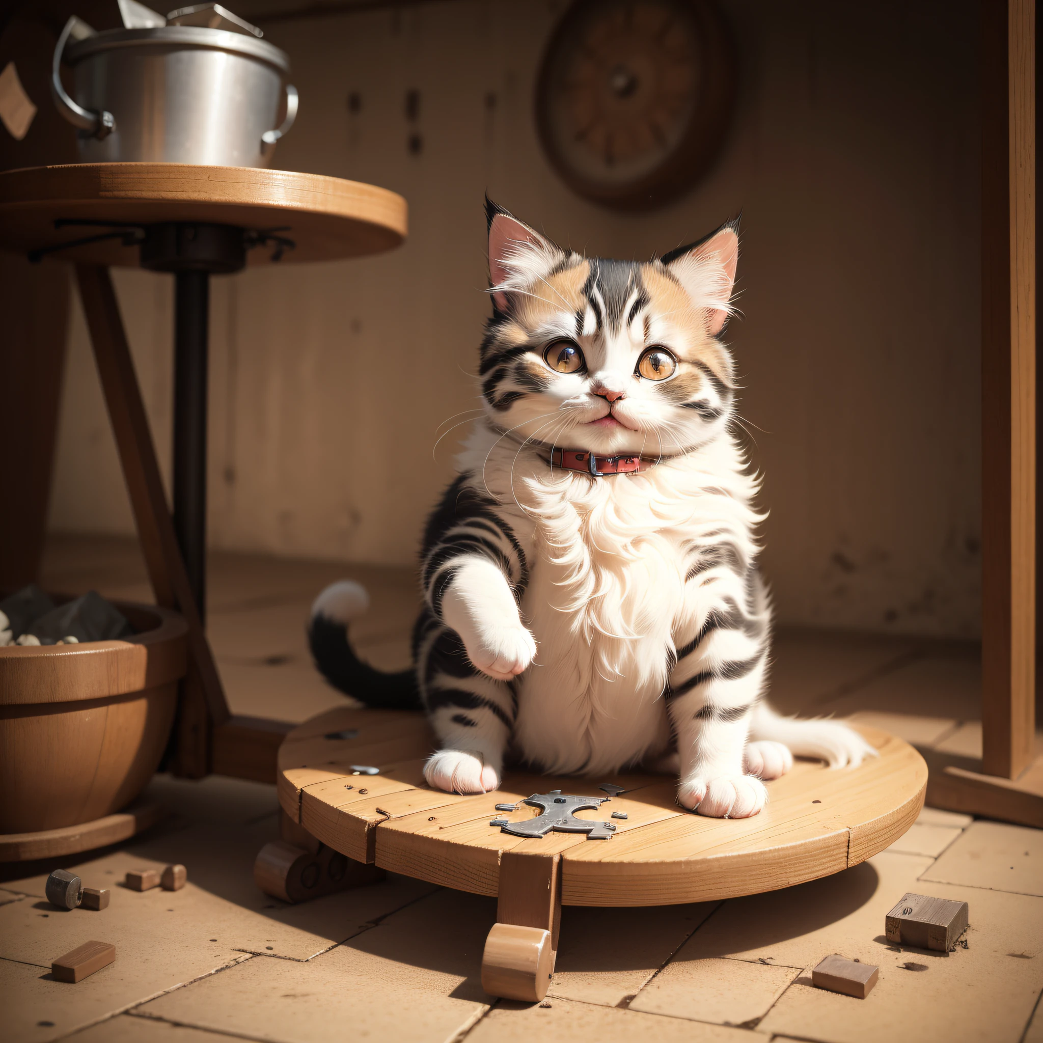 Cute, fat kitten in front of a broken scale