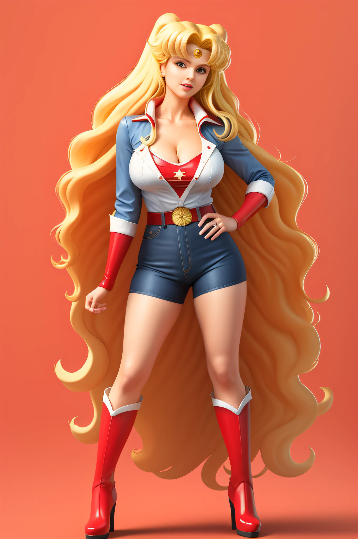 cowboy shot,  full body portrait, Scarlet Witch, 1980s \(style\), 1girl, long blonde hair, retro artstyle, long wavy hair, solo, Sailor Moon outfit, unbutton_shirt, (natural_breasts:1.2), medium_breasts, cleavage, full body shot, model pose, shoes visible