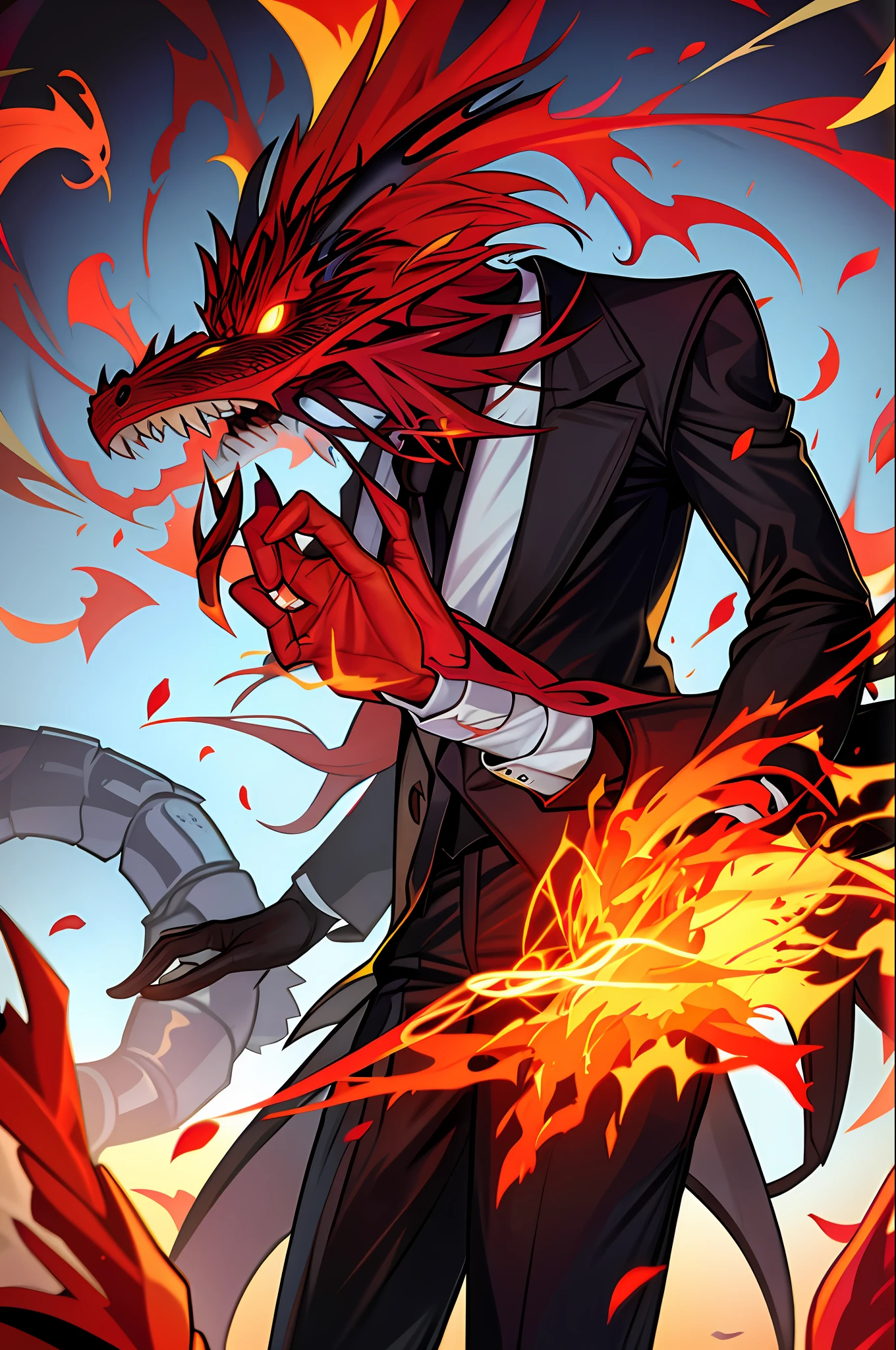 Angry humanoid dragon in suit letting out fire through his mouth