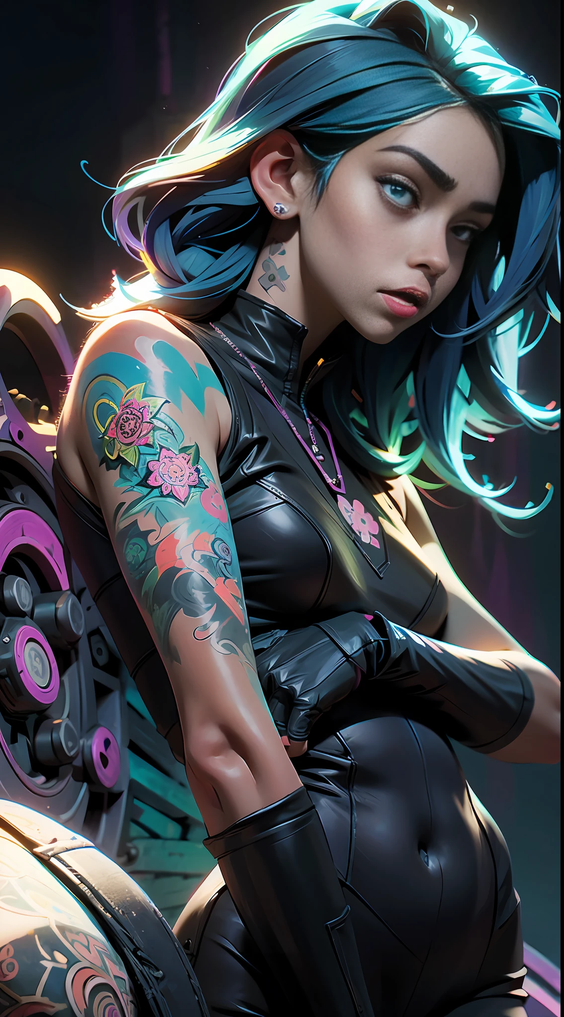 (best quality, masterpiece) 1witch girl with many tattoos, mandalas, neon glow background