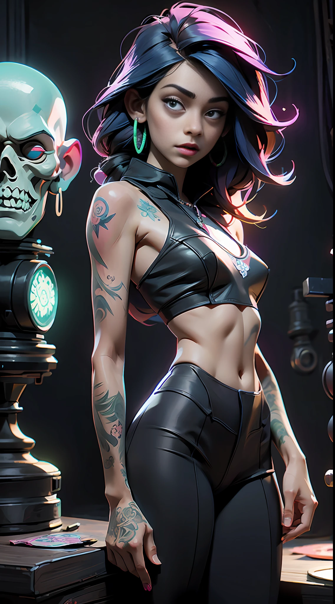 (best quality, masterpiece) 1witch girl with many tattoos, mandalas, neon glow background