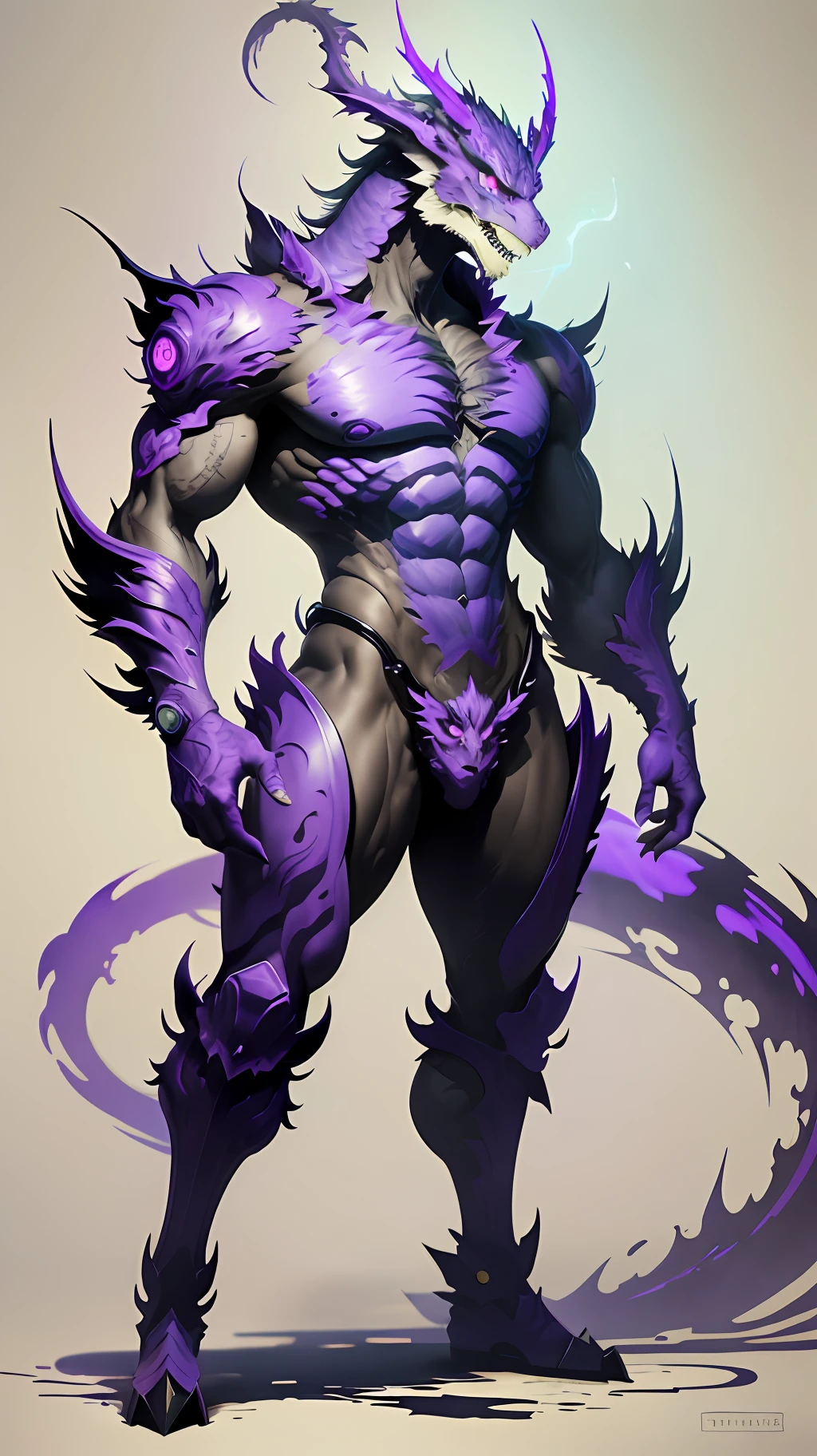 Inspired by "Van Gogh": "A Purple Dragon", ink-style background, traditional Chinese ink painting, smooth lines, concept, best quality, masterpiece, standing character, fluorescent character poster, 8K, intense gaze, intensity animal, hybrid style creature compositing, anime aesthetic approaching intensity, hard edge painting, machine precision, cyberpunk manga style