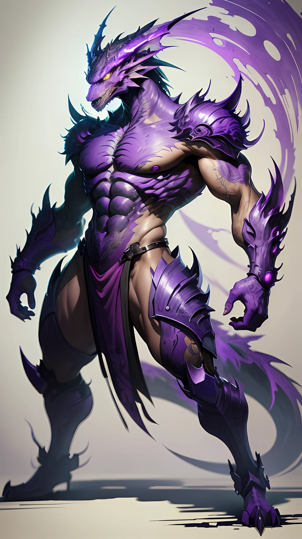 Inspired by "Van Gogh": "A Purple Dragon", ink-style background, traditional Chinese ink painting, smooth lines, concept, best quality, masterpiece, standing character, fluorescent character poster, 8K, intense gaze, intensity animal, hybrid style creature compositing, anime aesthetic approaching intensity, hard edge painting, machine precision, cyberpunk manga style