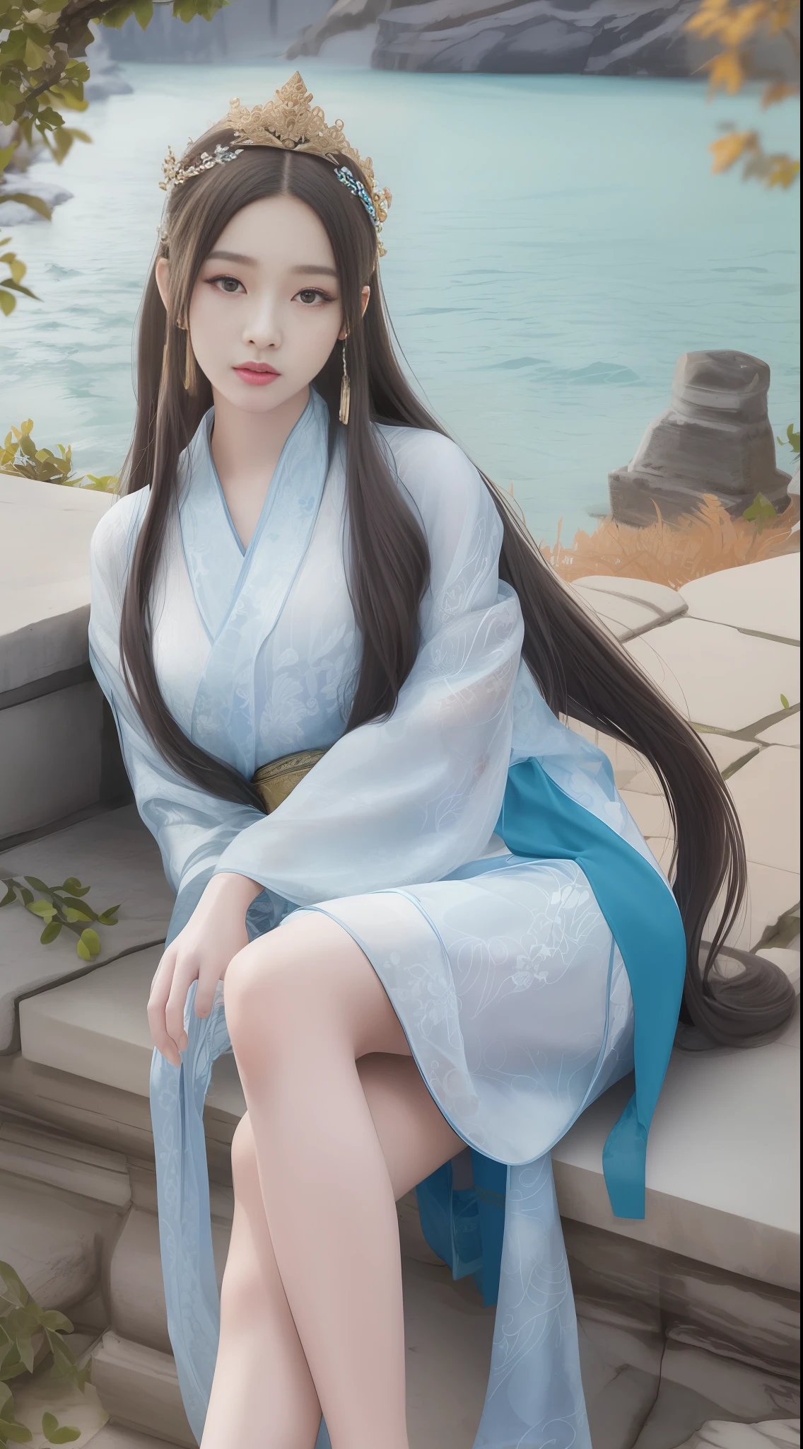 Arad Asian woman in blue dress sitting on a stone platform near the water, palace, Hanfu girl, wearing ancient Chinese costume, ancient Chinese costume, flowing hair and robes, beautiful fantasy queen, inspired by Huang Ji, popular in CGSTATION, tulle transparent clothing material, practicing dance